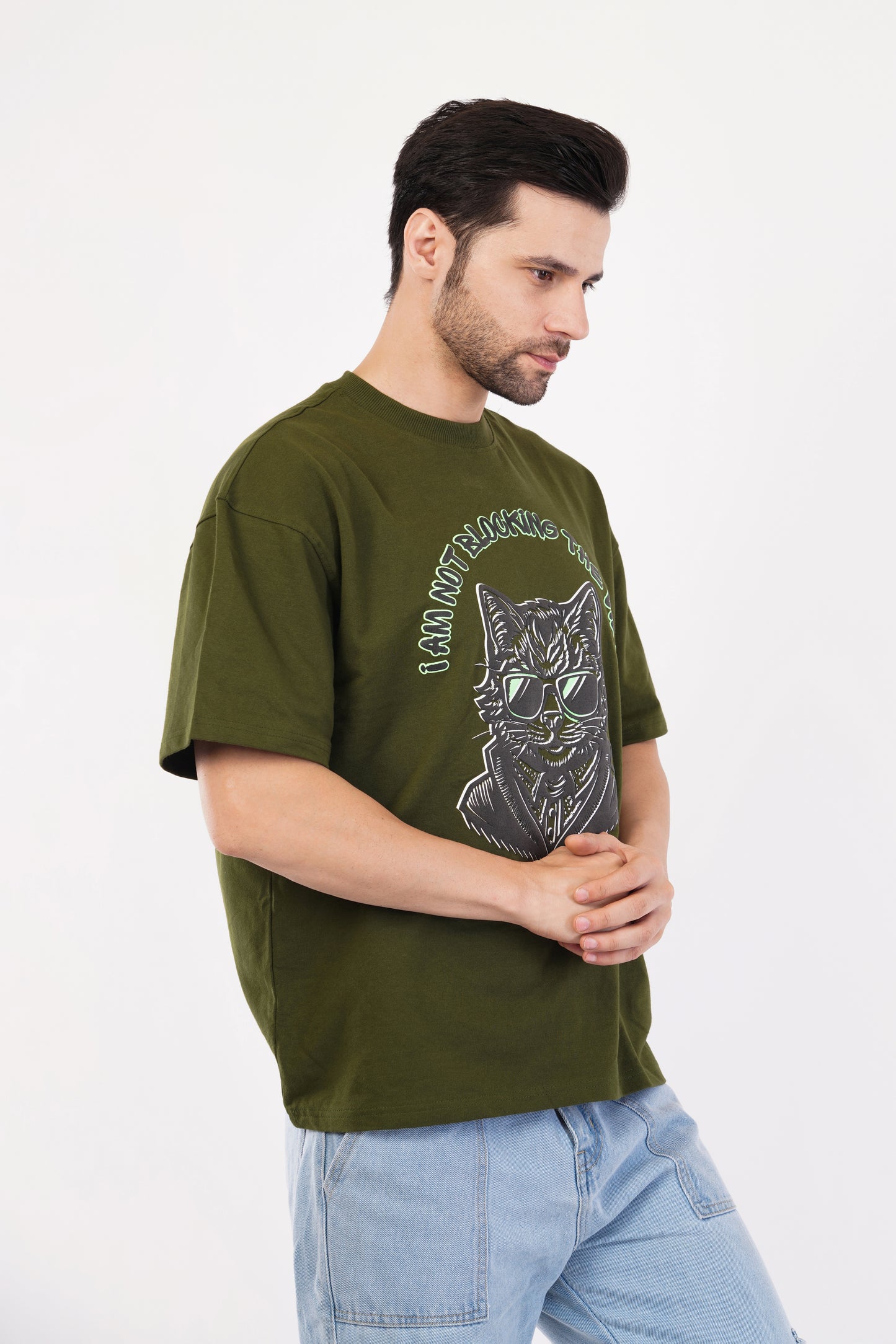 Unisex Puff Print "I am not blocking the view, I am the view" Olive Green Oversized T-Shirt