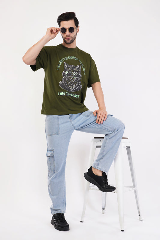 Unisex Puff Print "I am not blocking the view, I am the view" Olive Green Oversized T-Shirt