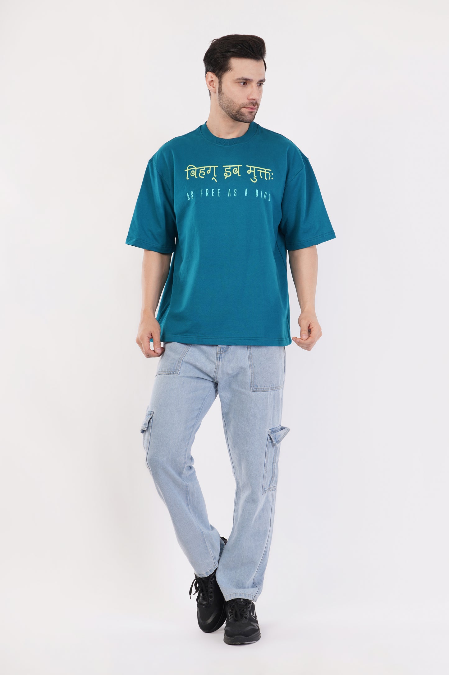 Unisex Full Puff Print "As Free As A Bird" Dark Teal Oversized T-Shirt