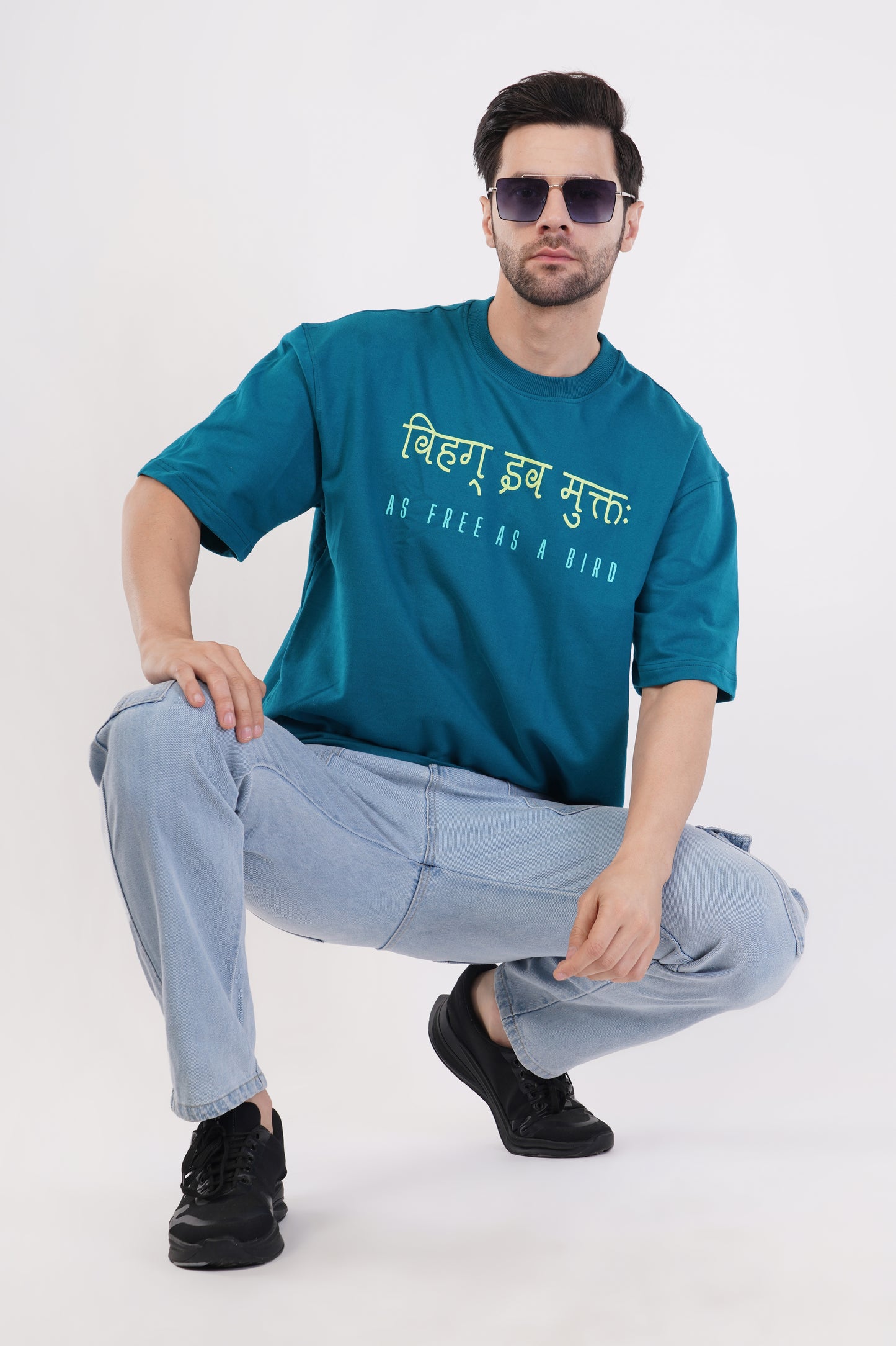 Unisex Full Puff Print "As Free As A Bird" Dark Teal Oversized T-Shirt