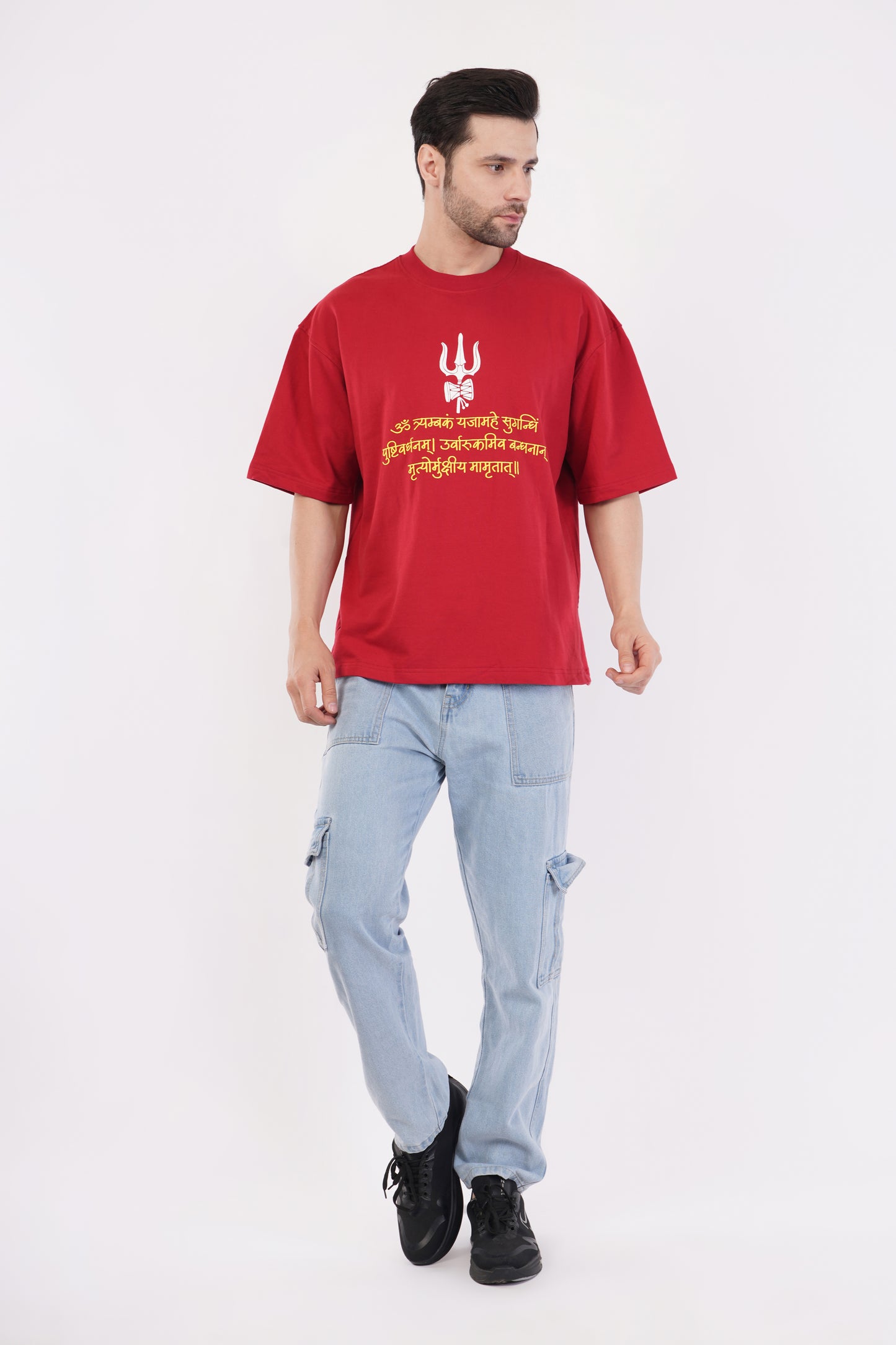 Unisex Full Puff Print "Mahadev" Maroon Oversized T-Shirt