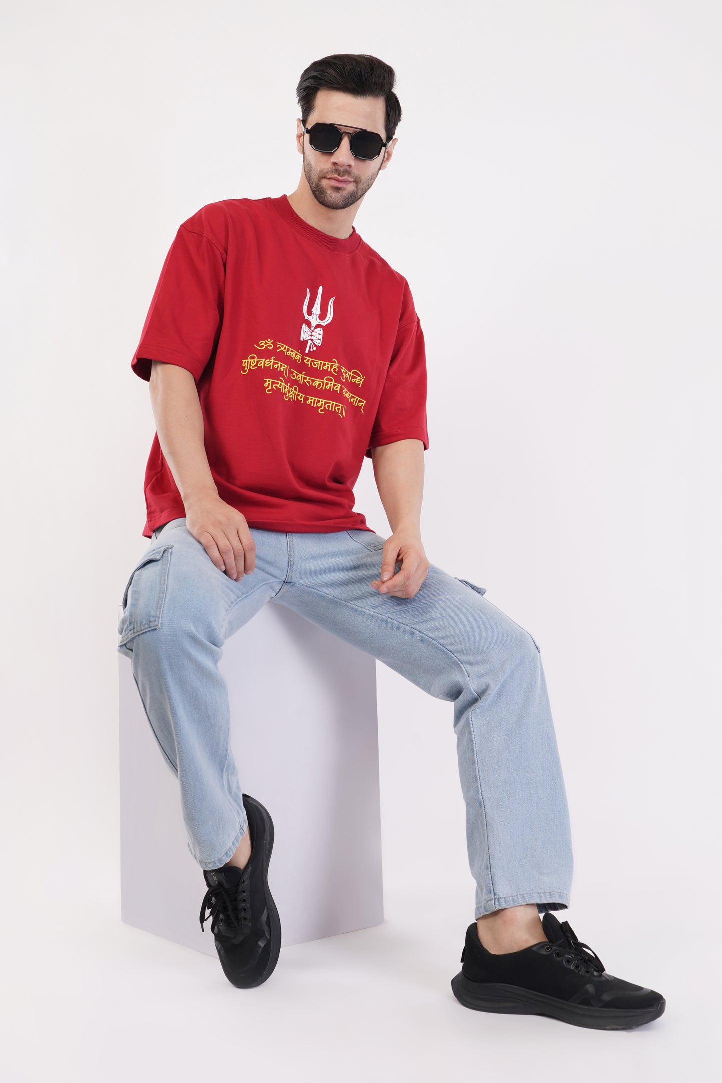 Unisex Full Puff Print "Mahadev" Maroon Oversized T-Shirt