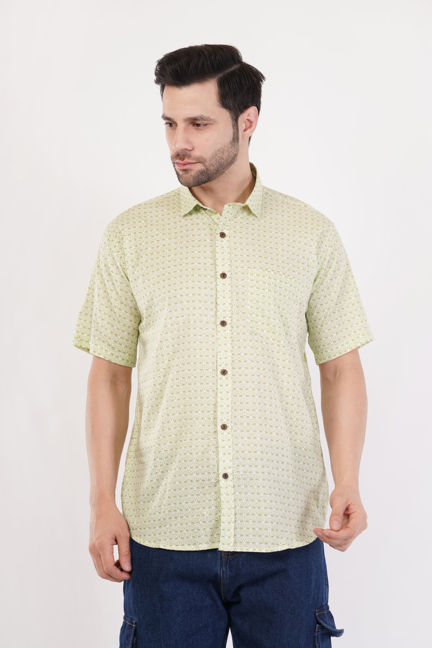 Unisex Green Small Pattern Sanganeri Shirt