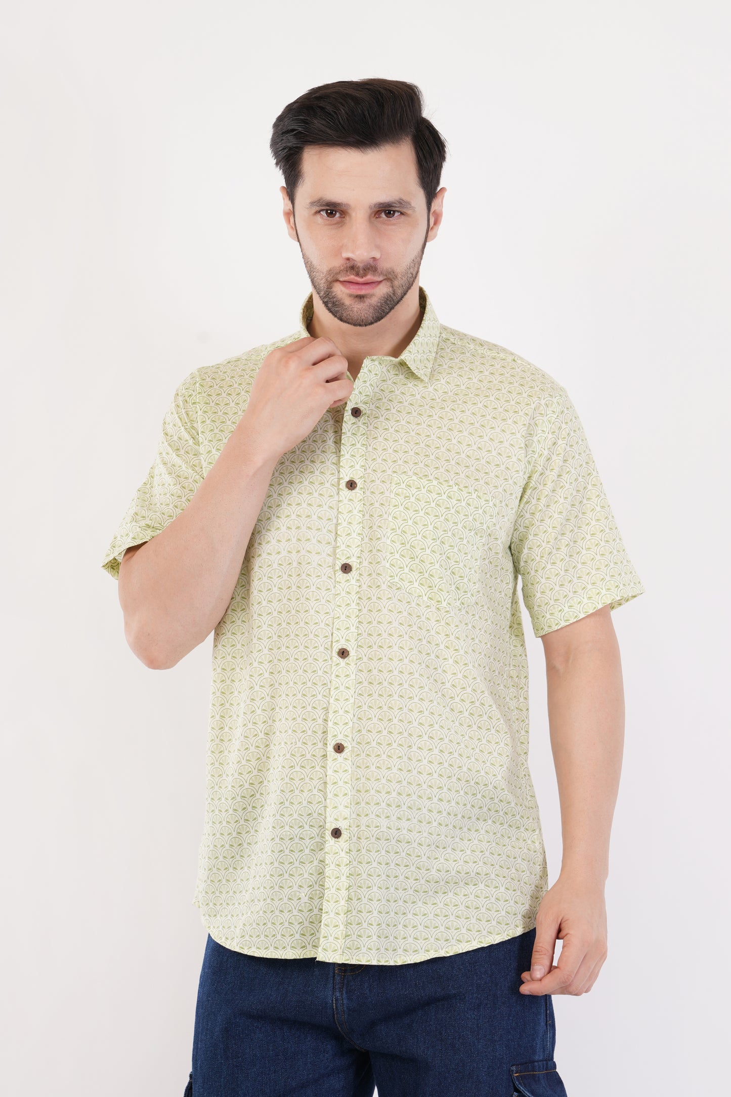 Unisex Green Small Pattern Sanganeri Shirt