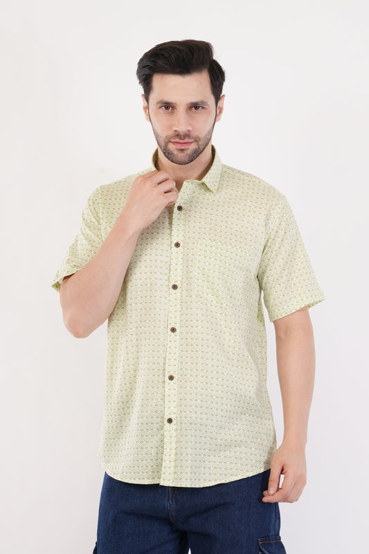 Unisex Green Small Pattern Sanganeri Shirt