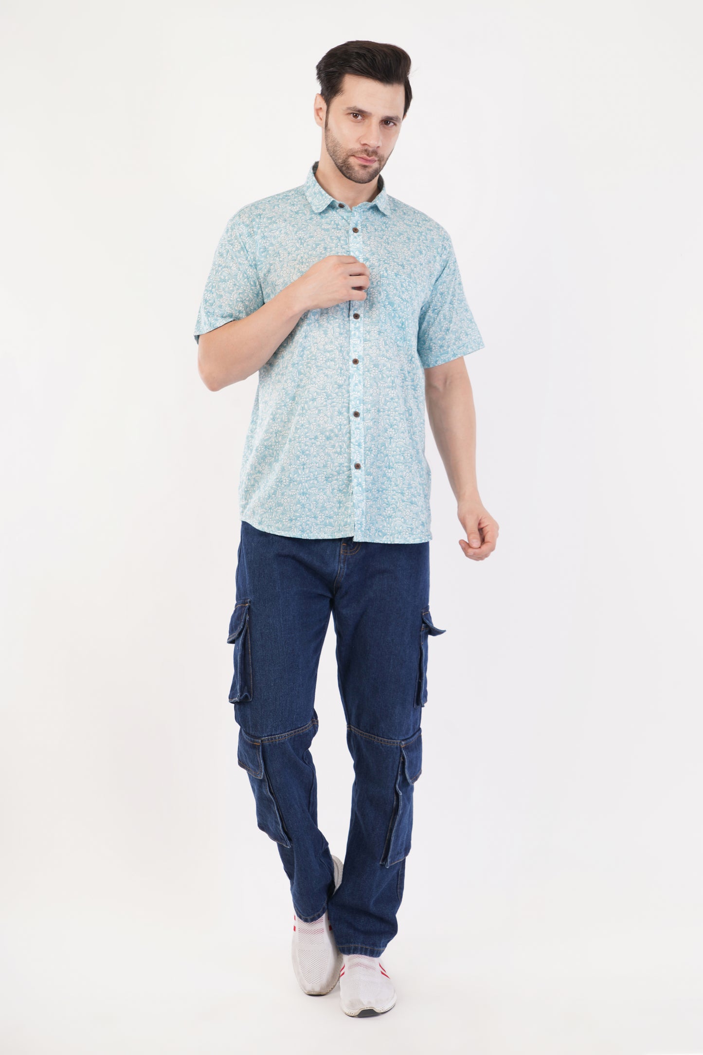 Unisex Blue Small Floral Pattern Sanganeri Shirt