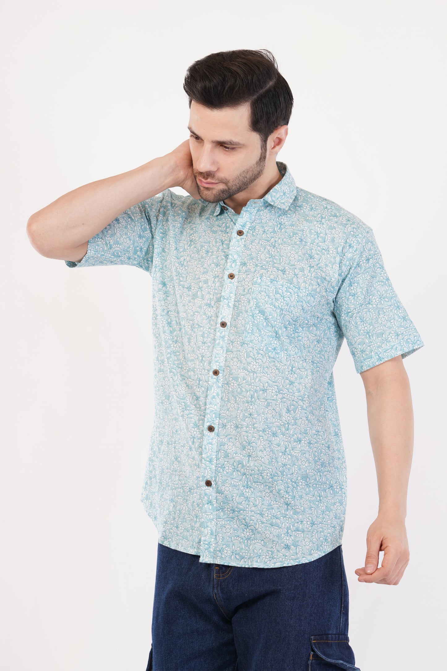 Unisex Blue Small Floral Pattern Sanganeri Shirt