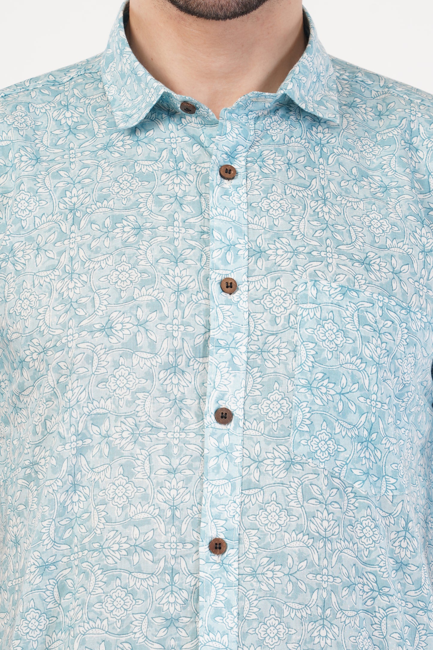 Unisex Blue Small Floral Pattern Sanganeri Shirt