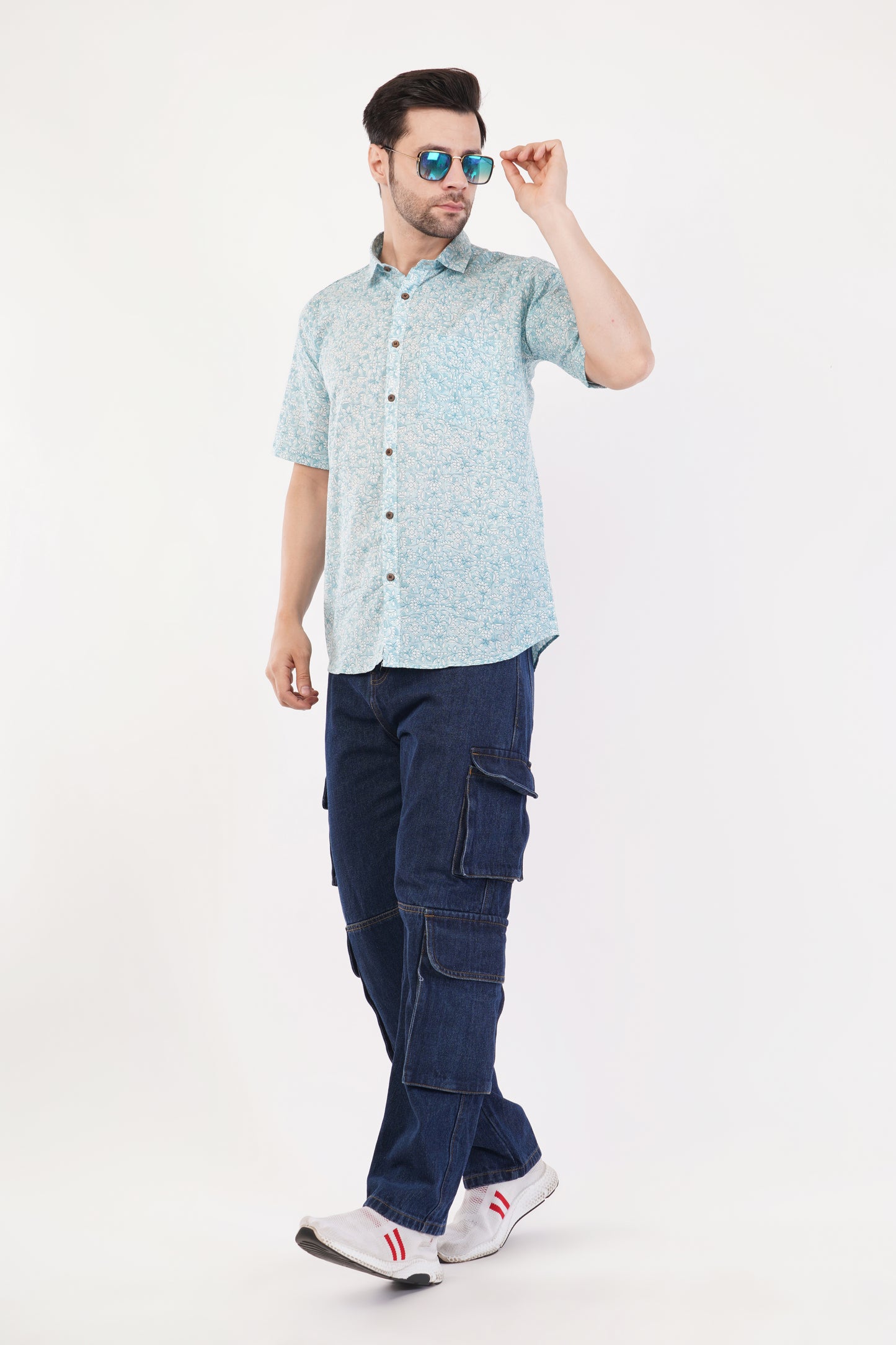 Unisex Blue Small Floral Pattern Sanganeri Shirt