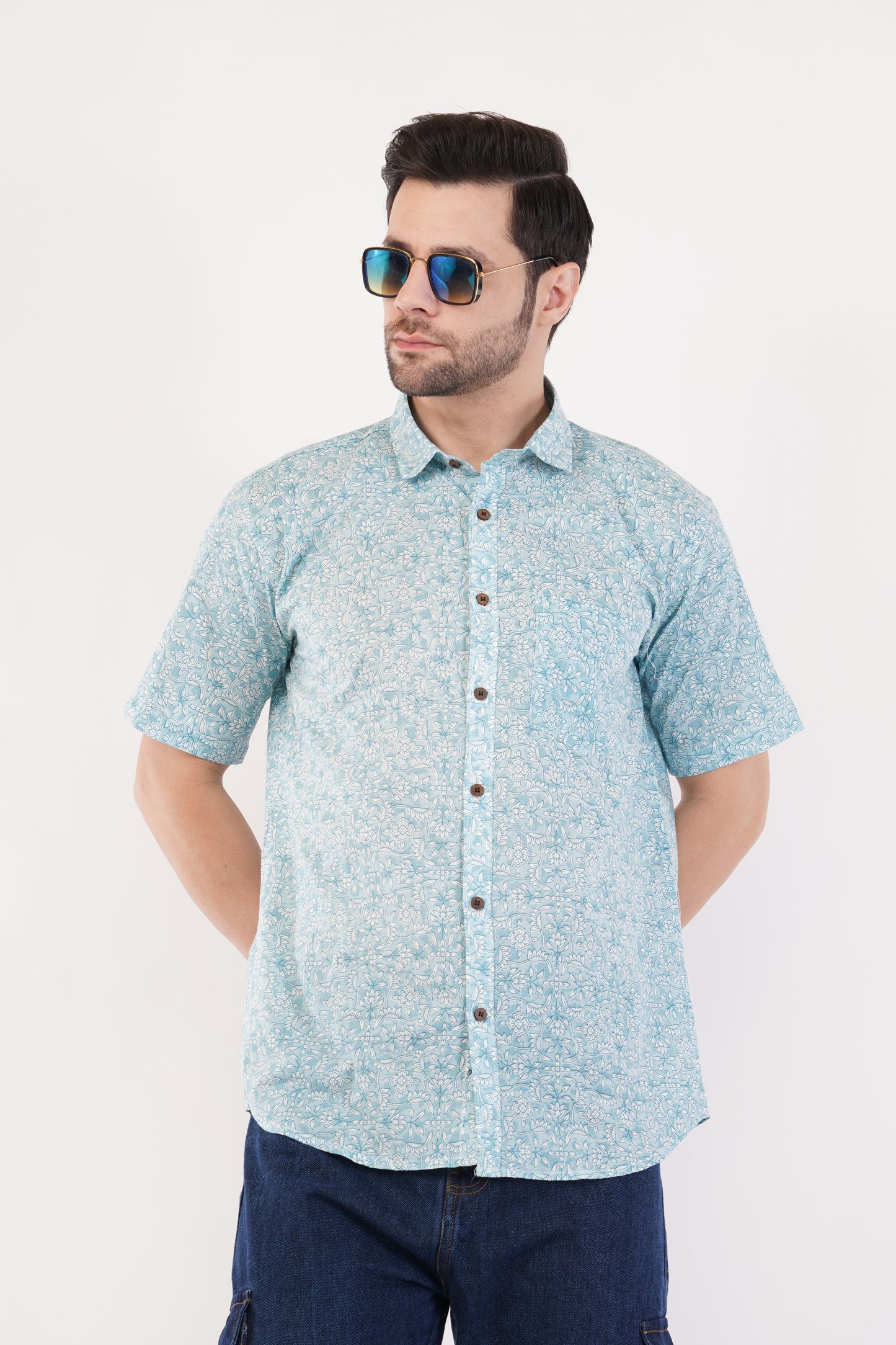 Unisex Blue Small Floral Pattern Sanganeri Shirt