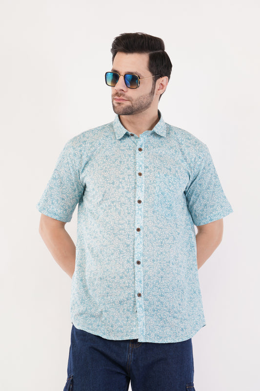 Unisex Blue Small Floral Pattern Sanganeri Shirt