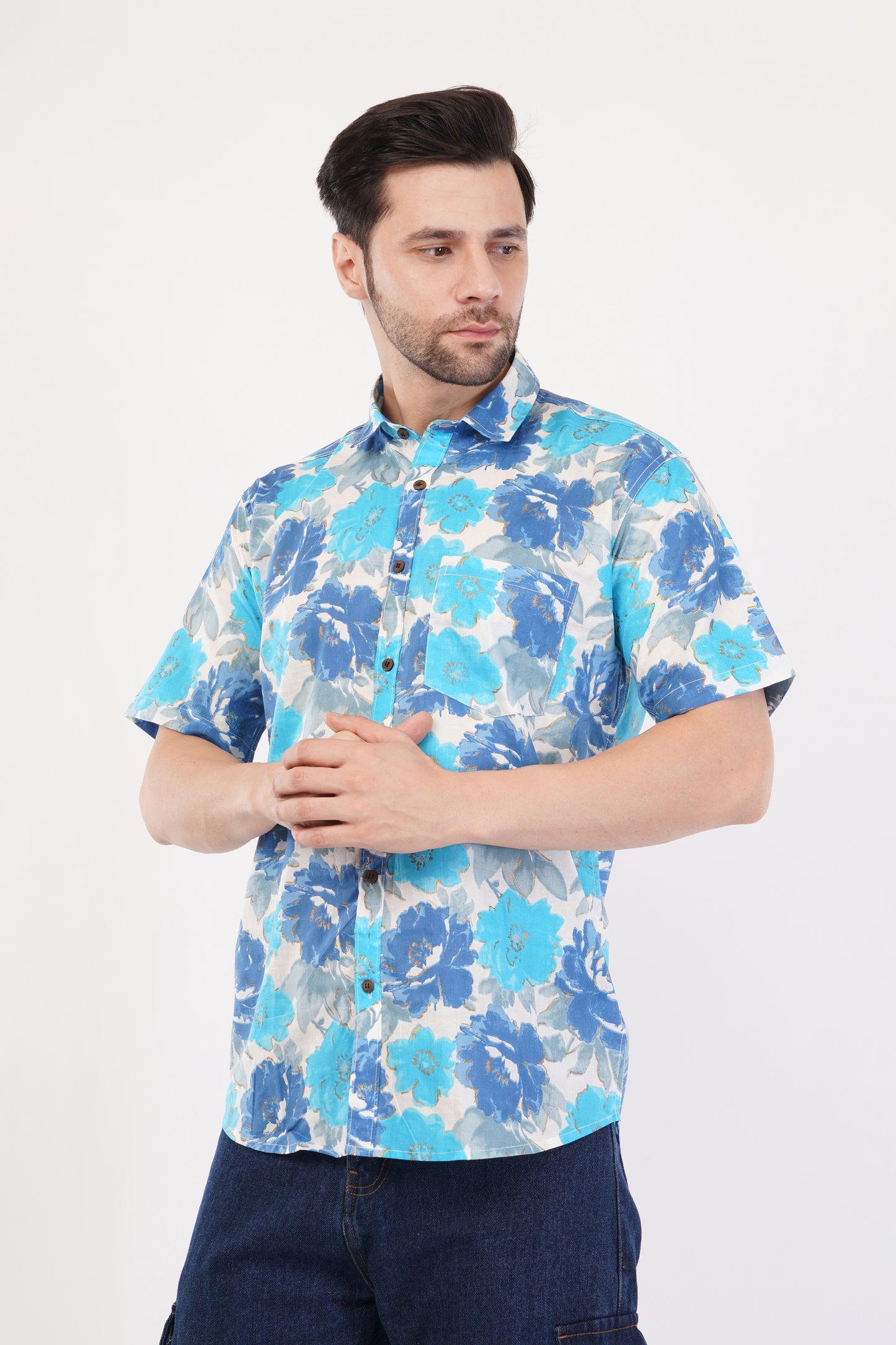 Unisex Blue Big Floral Pattern Sanganeri Shirt