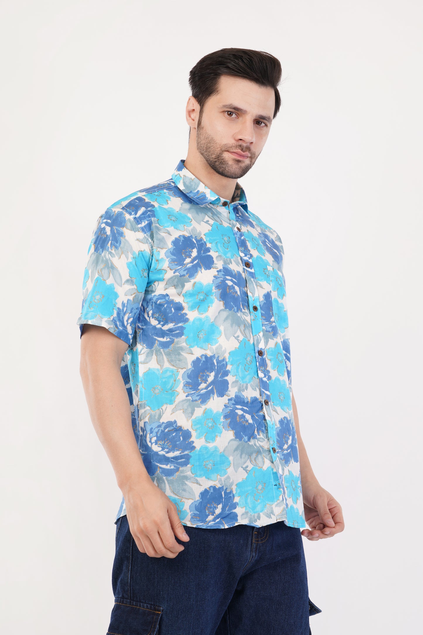 Unisex Blue Big Floral Pattern Sanganeri Shirt