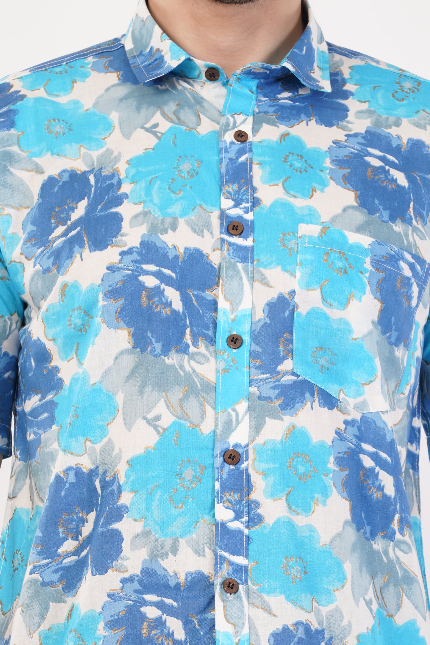 Unisex Blue Big Floral Pattern Sanganeri Shirt