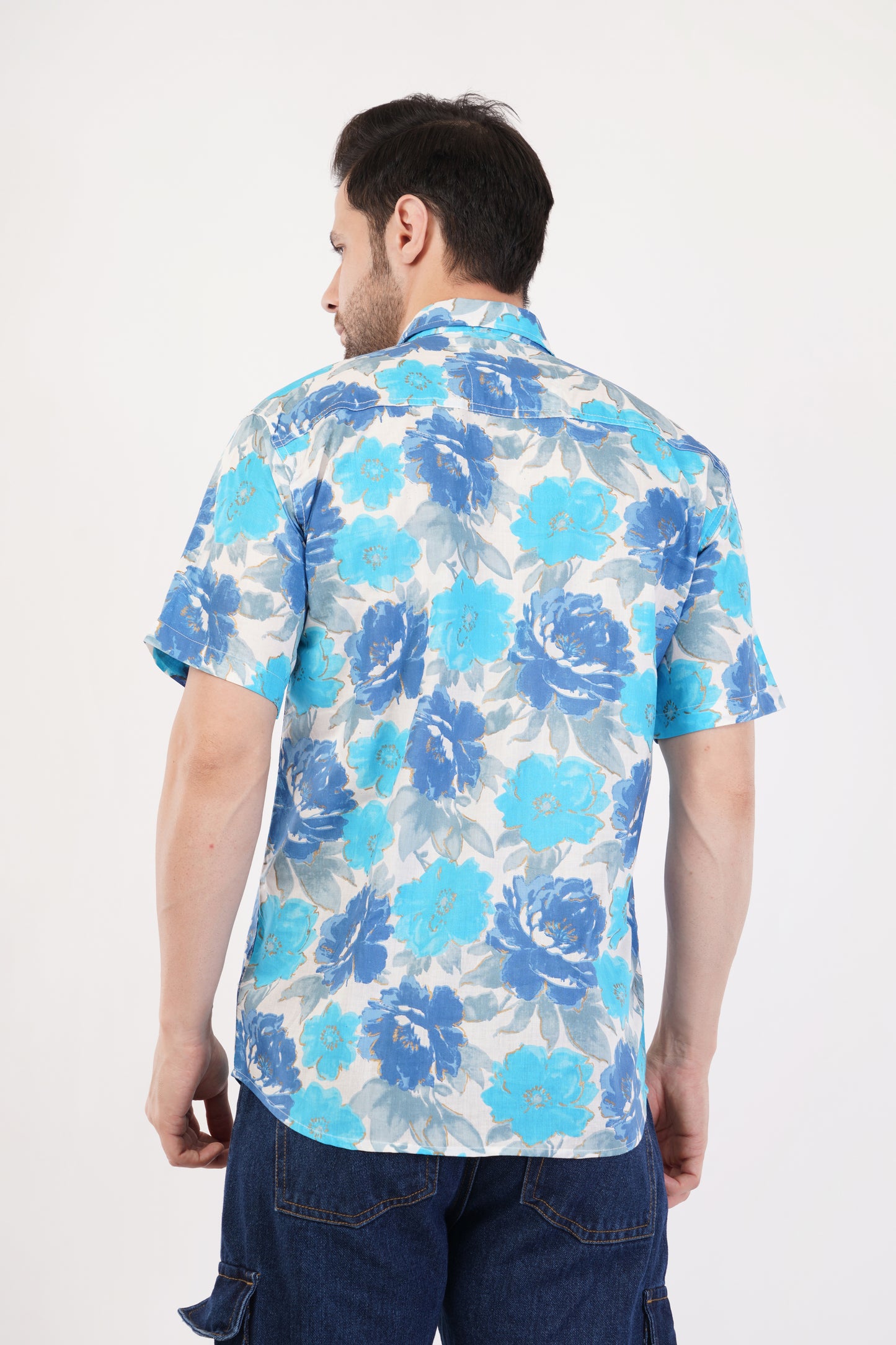 Unisex Blue Big Floral Pattern Sanganeri Shirt