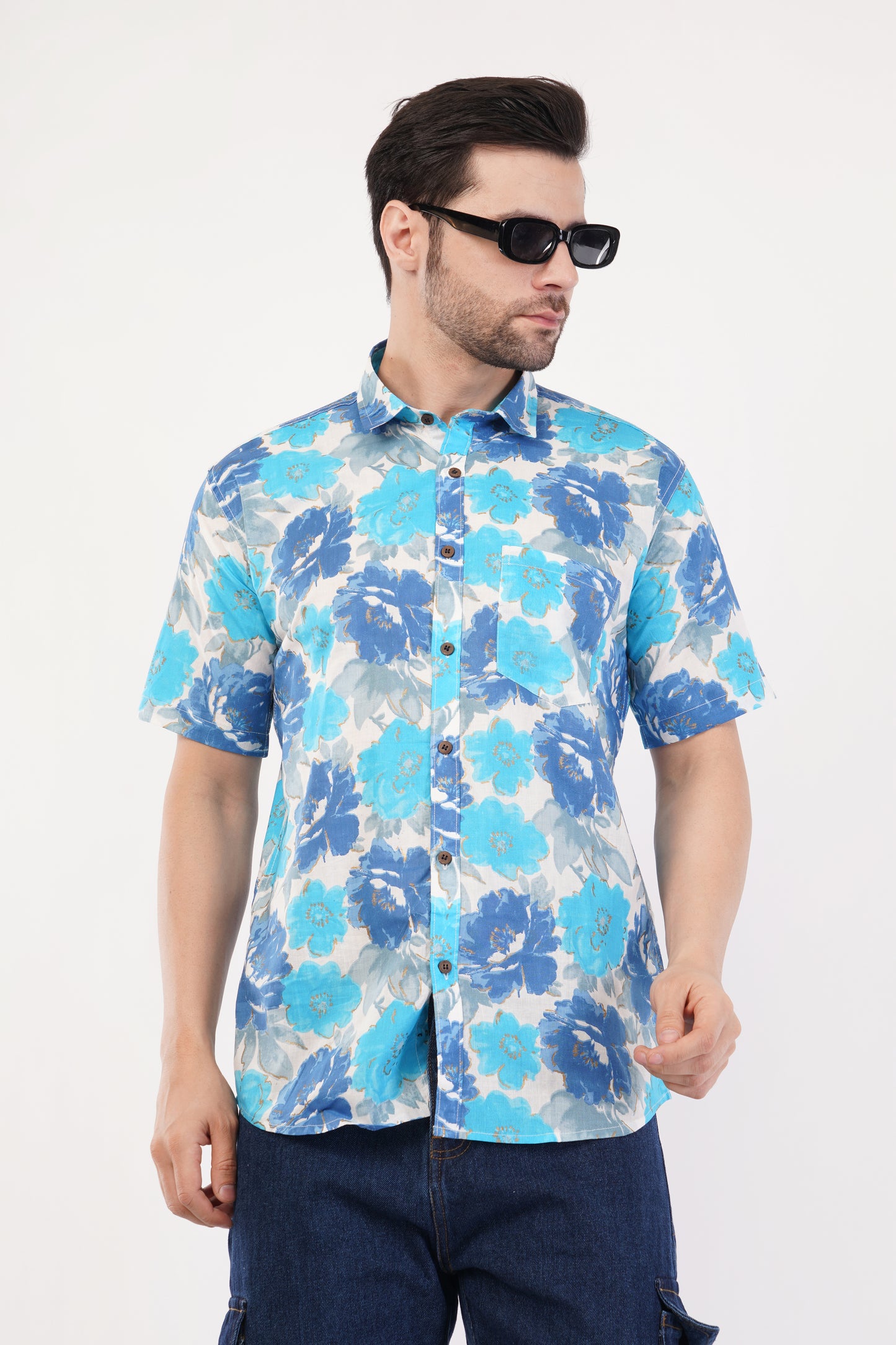 Unisex Blue Big Floral Pattern Sanganeri Shirt