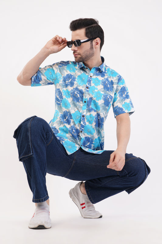 Unisex Blue Big Floral Pattern Sanganeri Shirt
