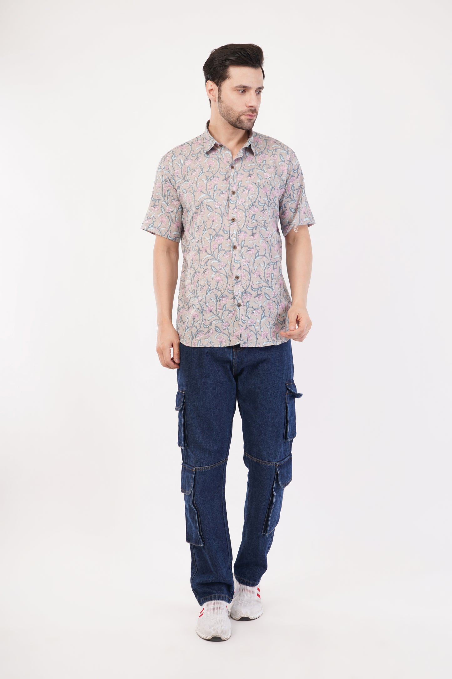 Unisex Grey Small Floral Pattern Sanganeri Shirt