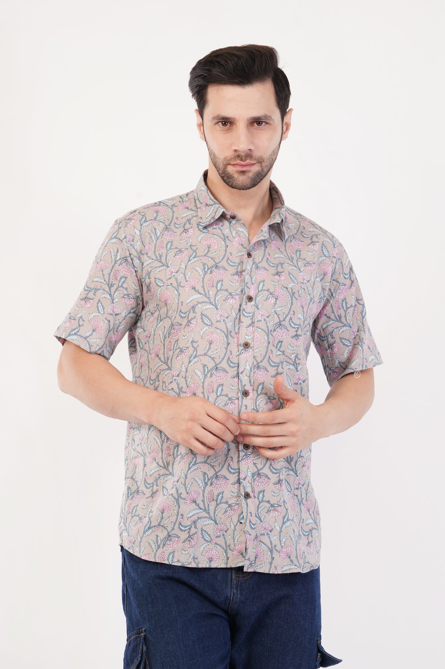 Unisex Grey Small Floral Pattern Sanganeri Shirt