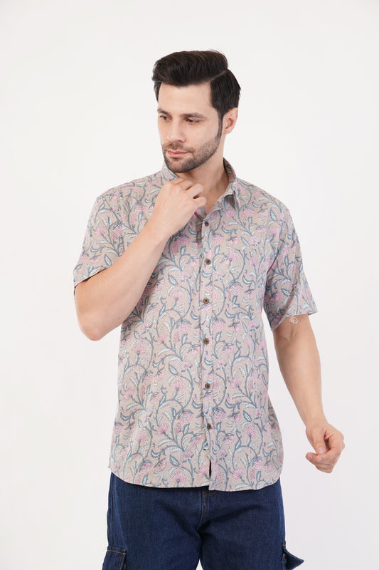 Unisex Grey Small Floral Pattern Sanganeri Shirt