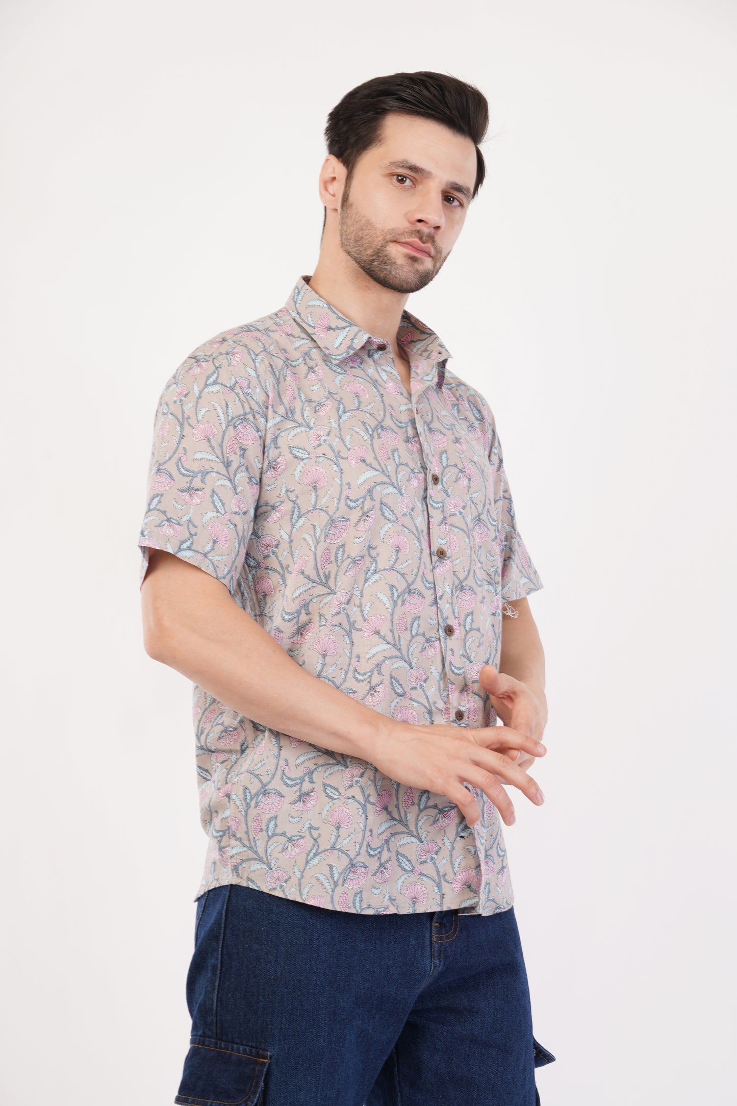 Unisex Grey Small Floral Pattern Sanganeri Shirt