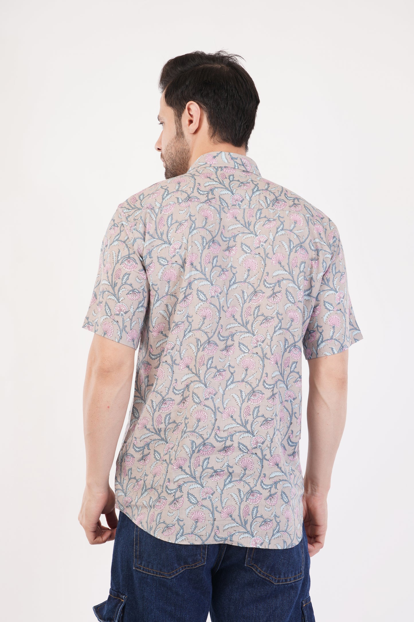 Unisex Grey Small Floral Pattern Sanganeri Shirt