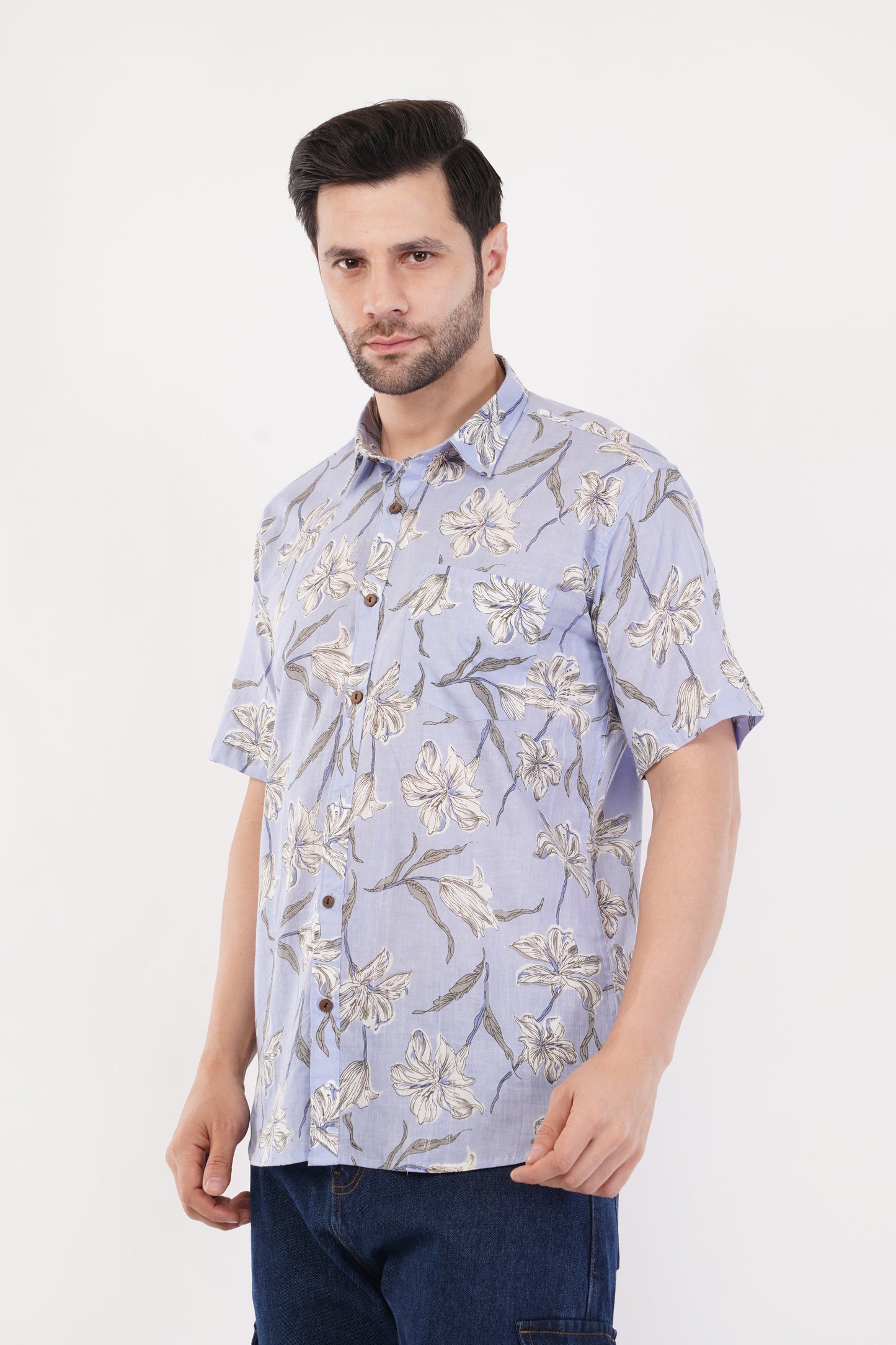 Unisex Lavender Big Floral Pattern Sanganeri Shirt