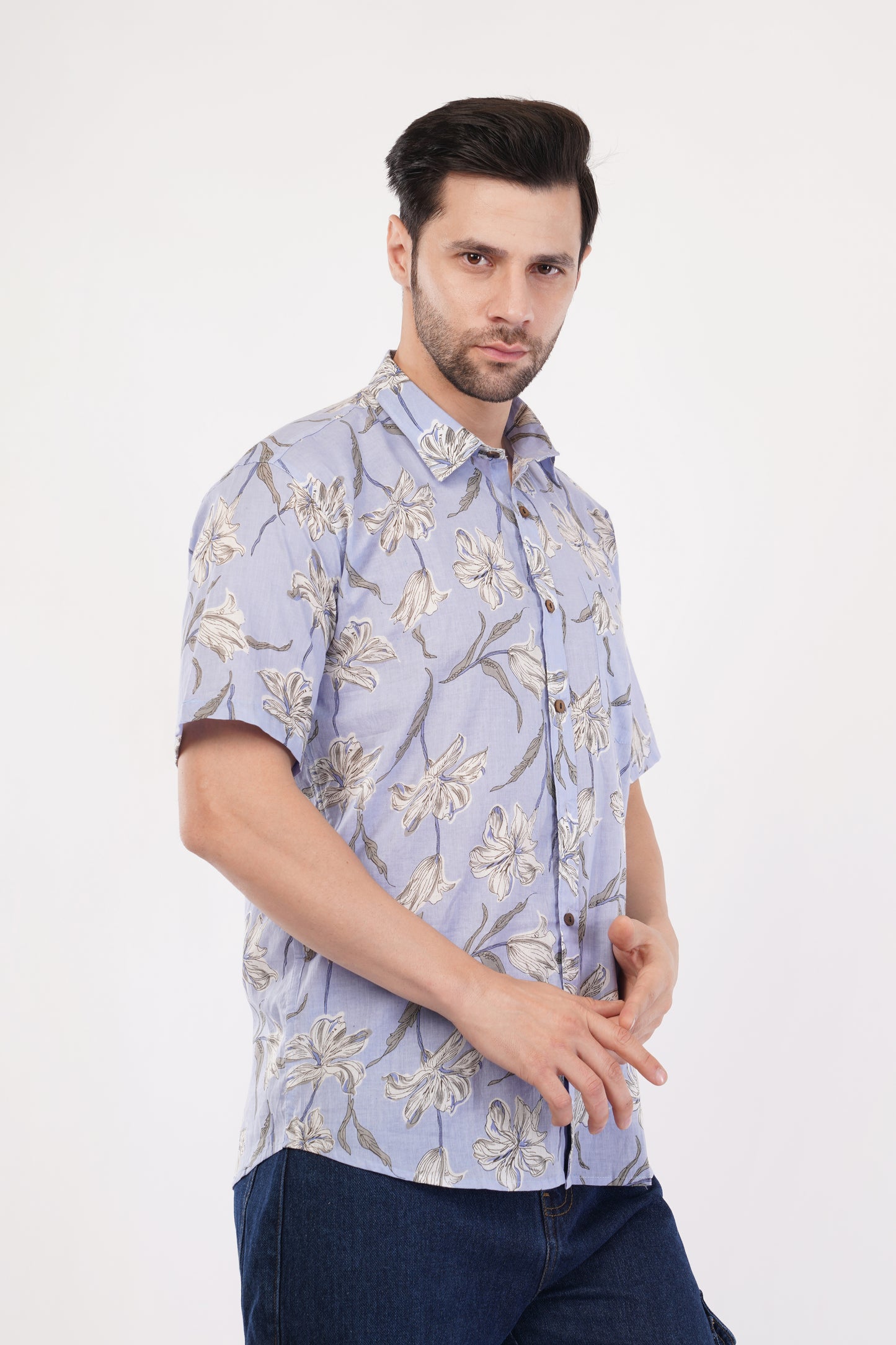 Unisex Lavender Big Floral Pattern Sanganeri Shirt