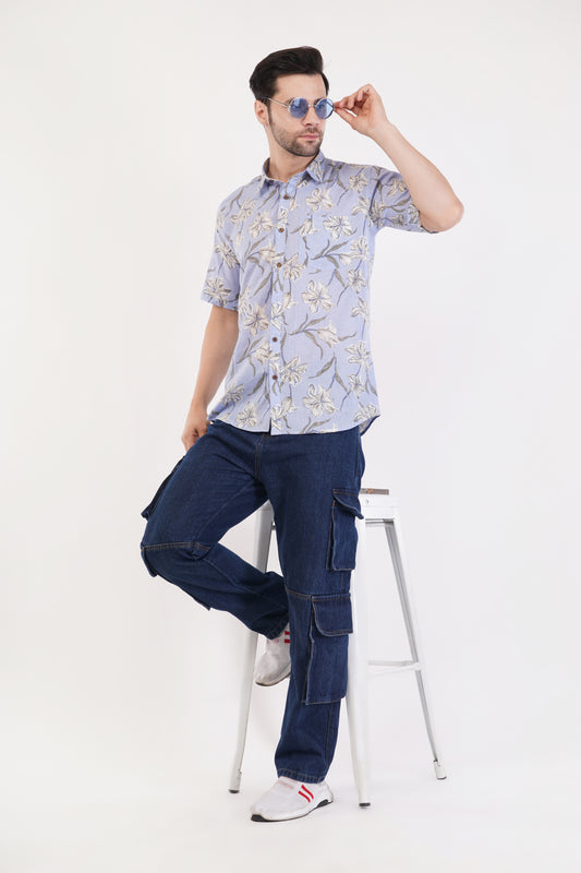 Unisex Lavender Big Floral Pattern Sanganeri Shirt