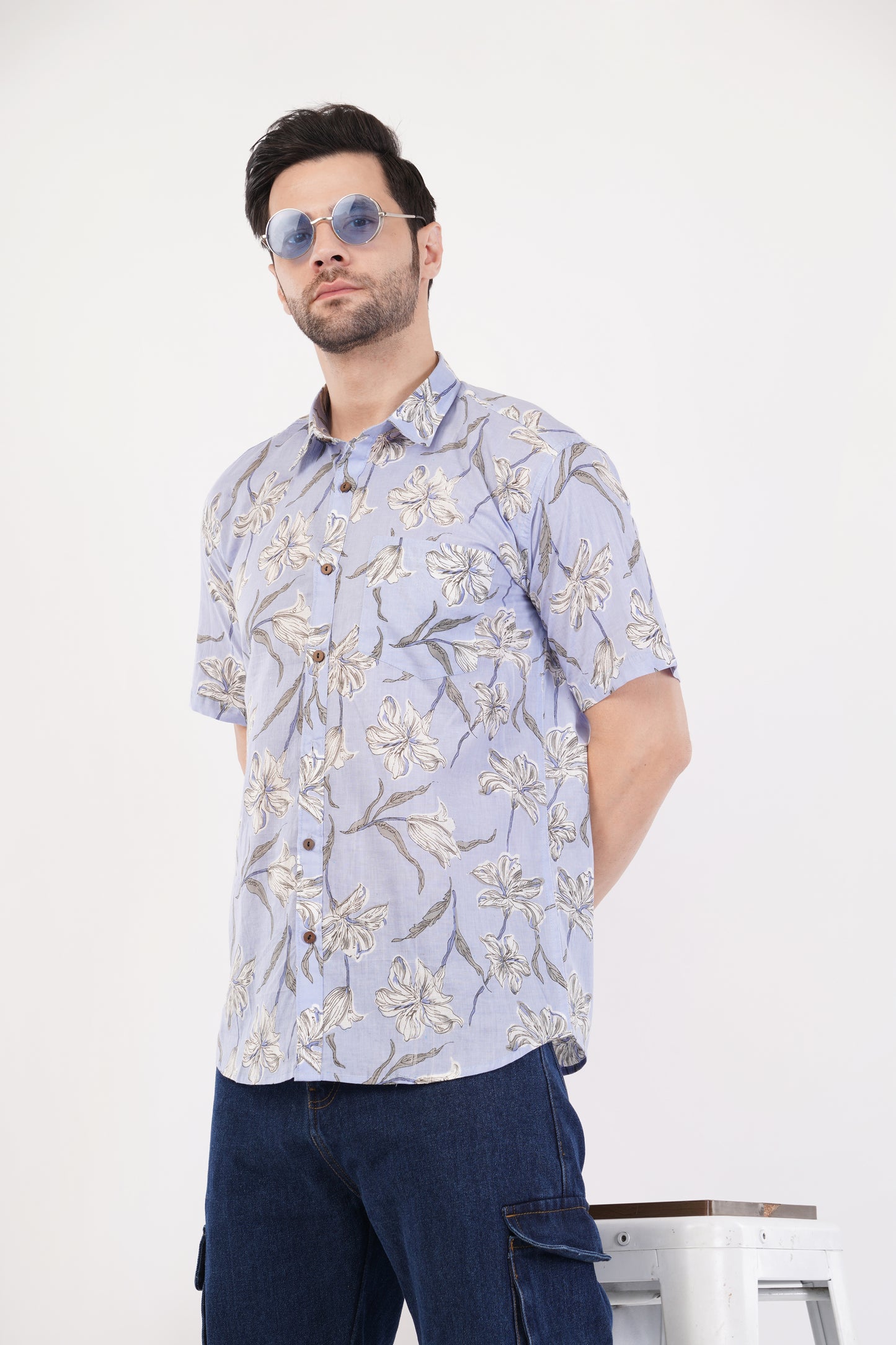 Unisex Lavender Big Floral Pattern Sanganeri Shirt