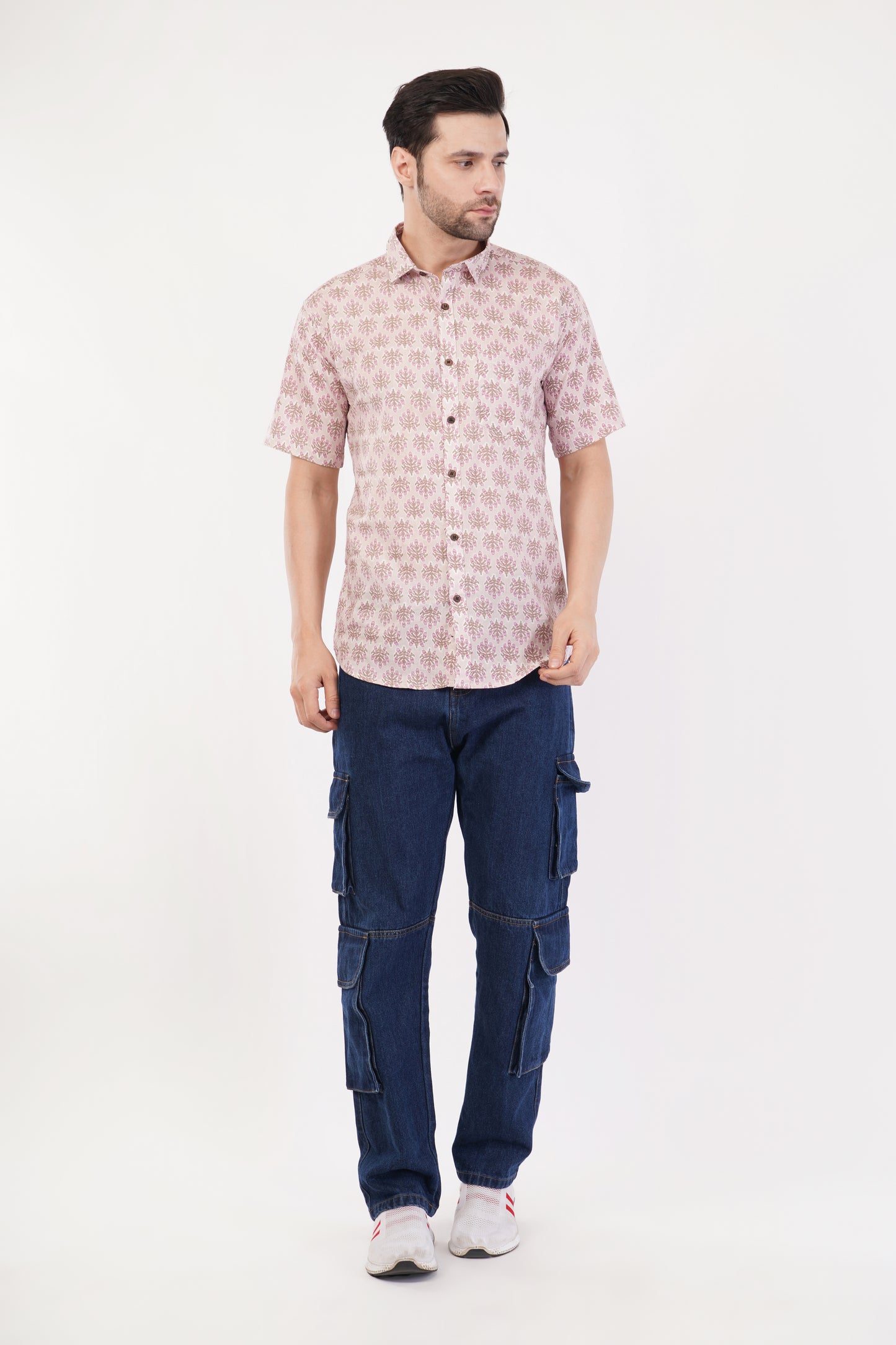 Unisex Pink Small Floral Pattern Sanganeri Shirt