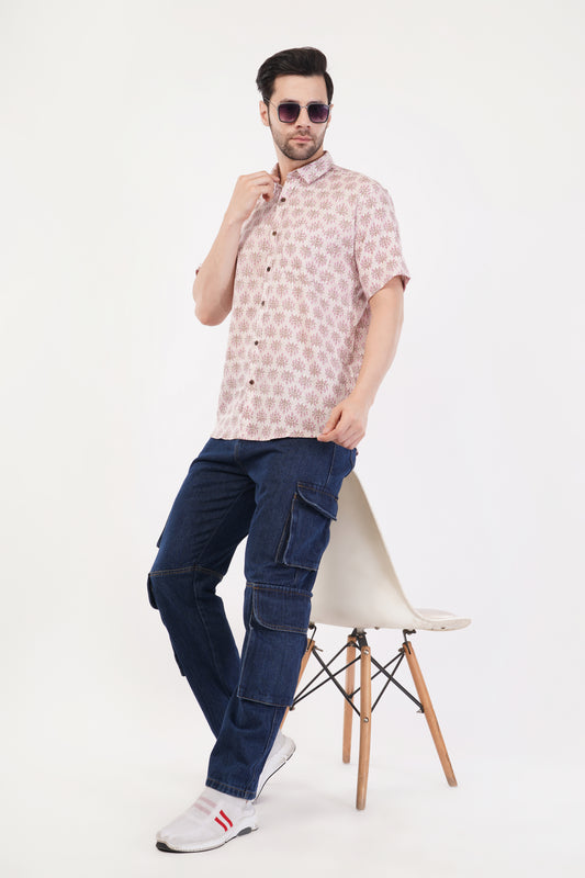 Unisex Pink Small Floral Pattern Sanganeri Shirt