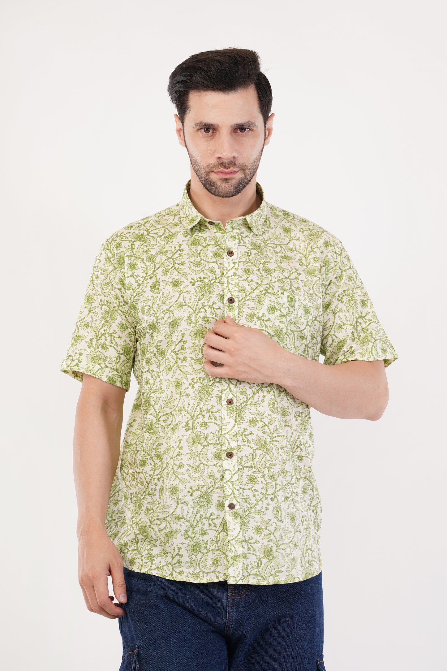 Unisex Green Small Floral Pattern Sanganeri Shirt