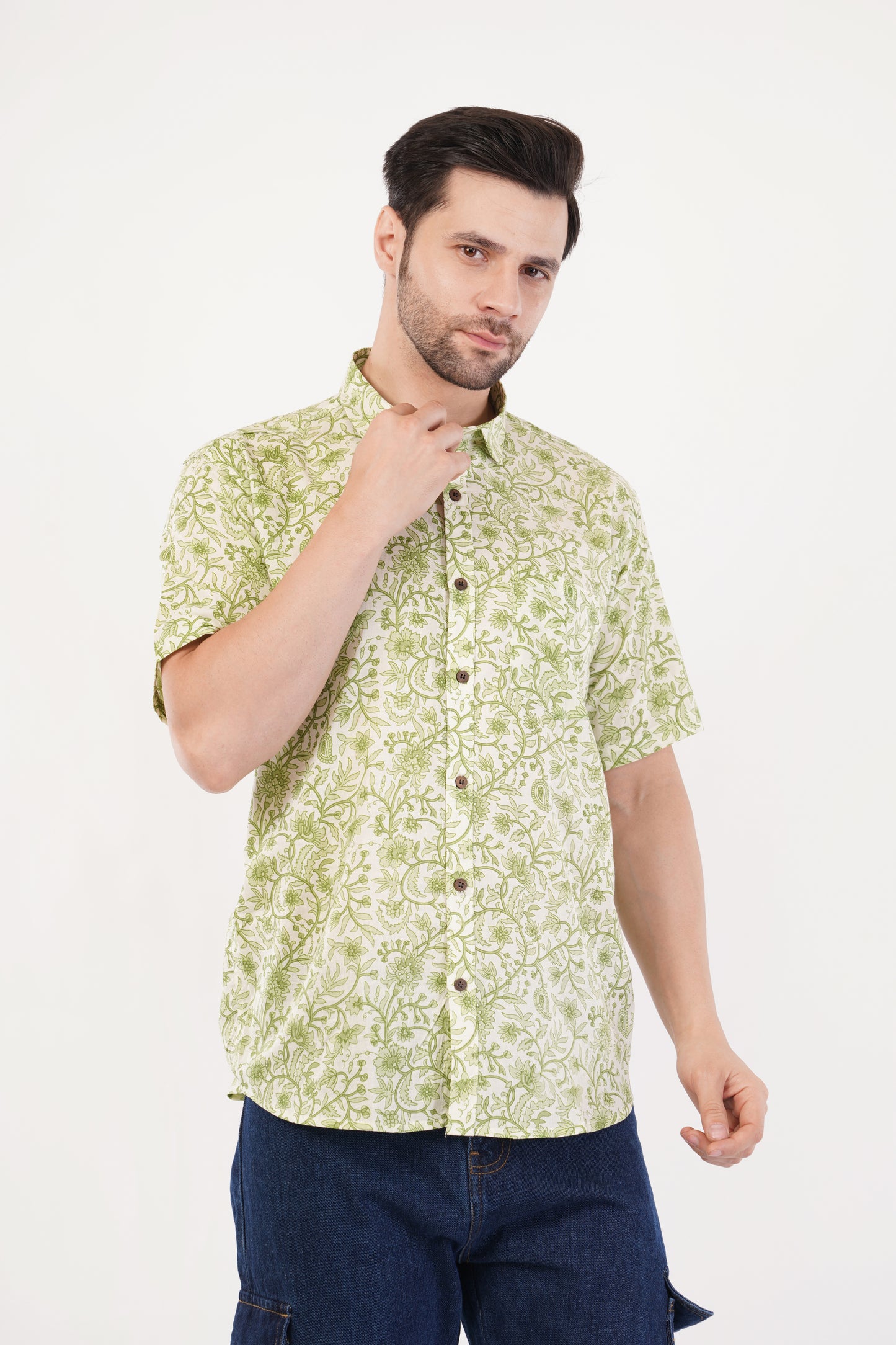 Unisex Green Small Floral Pattern Sanganeri Shirt