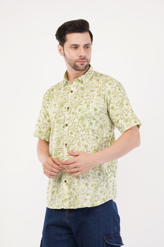 Unisex Green Small Floral Pattern Sanganeri Shirt