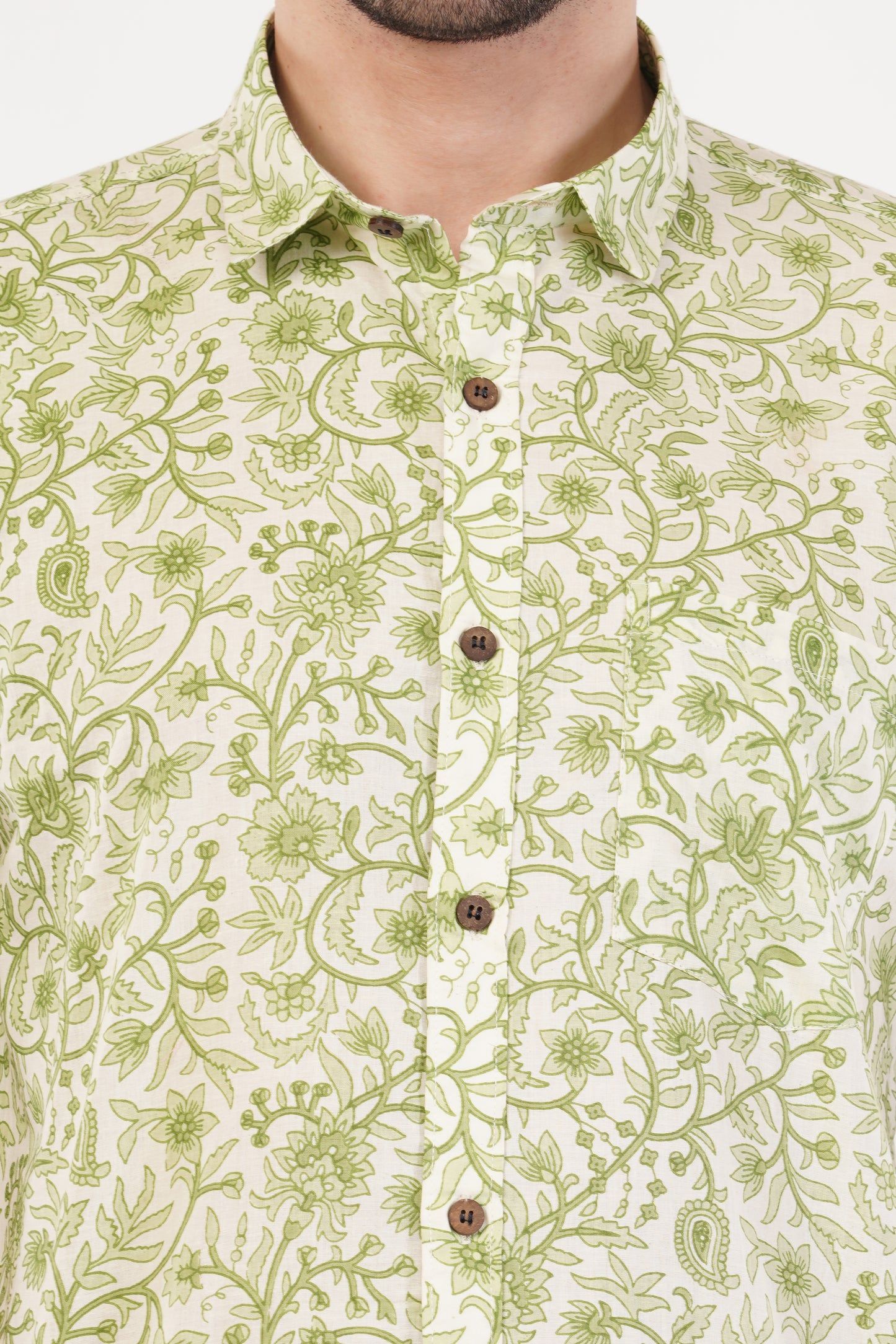 Unisex Green Small Floral Pattern Sanganeri Shirt