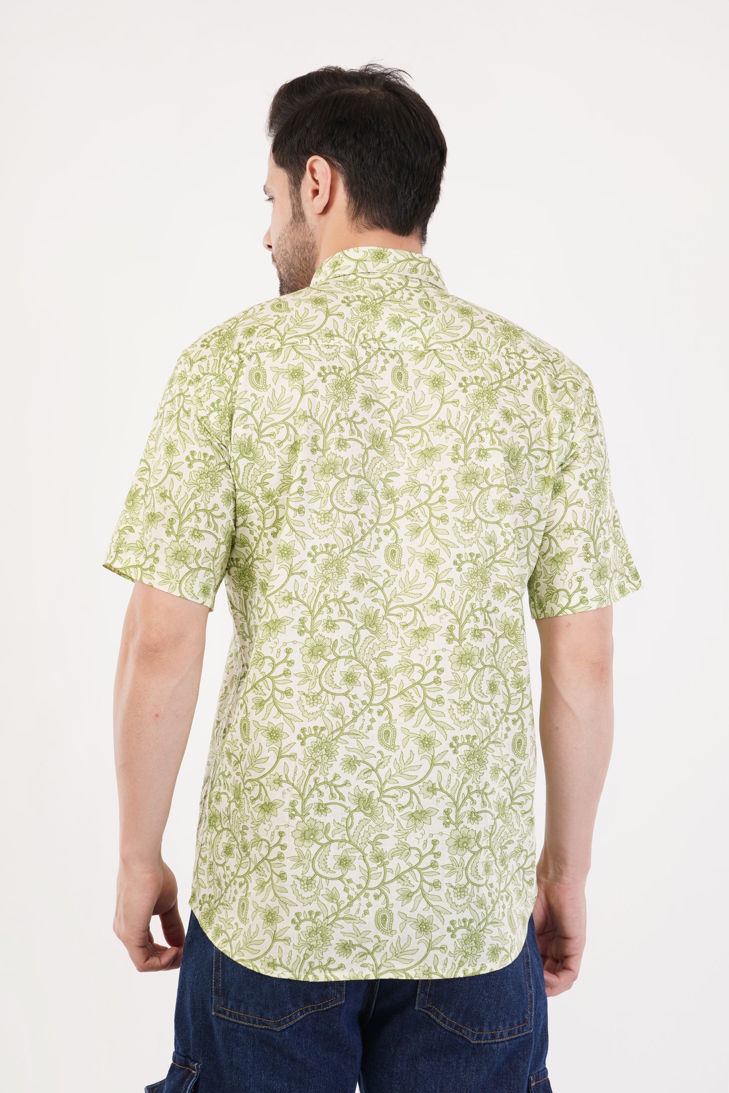 Unisex Green Small Floral Pattern Sanganeri Shirt