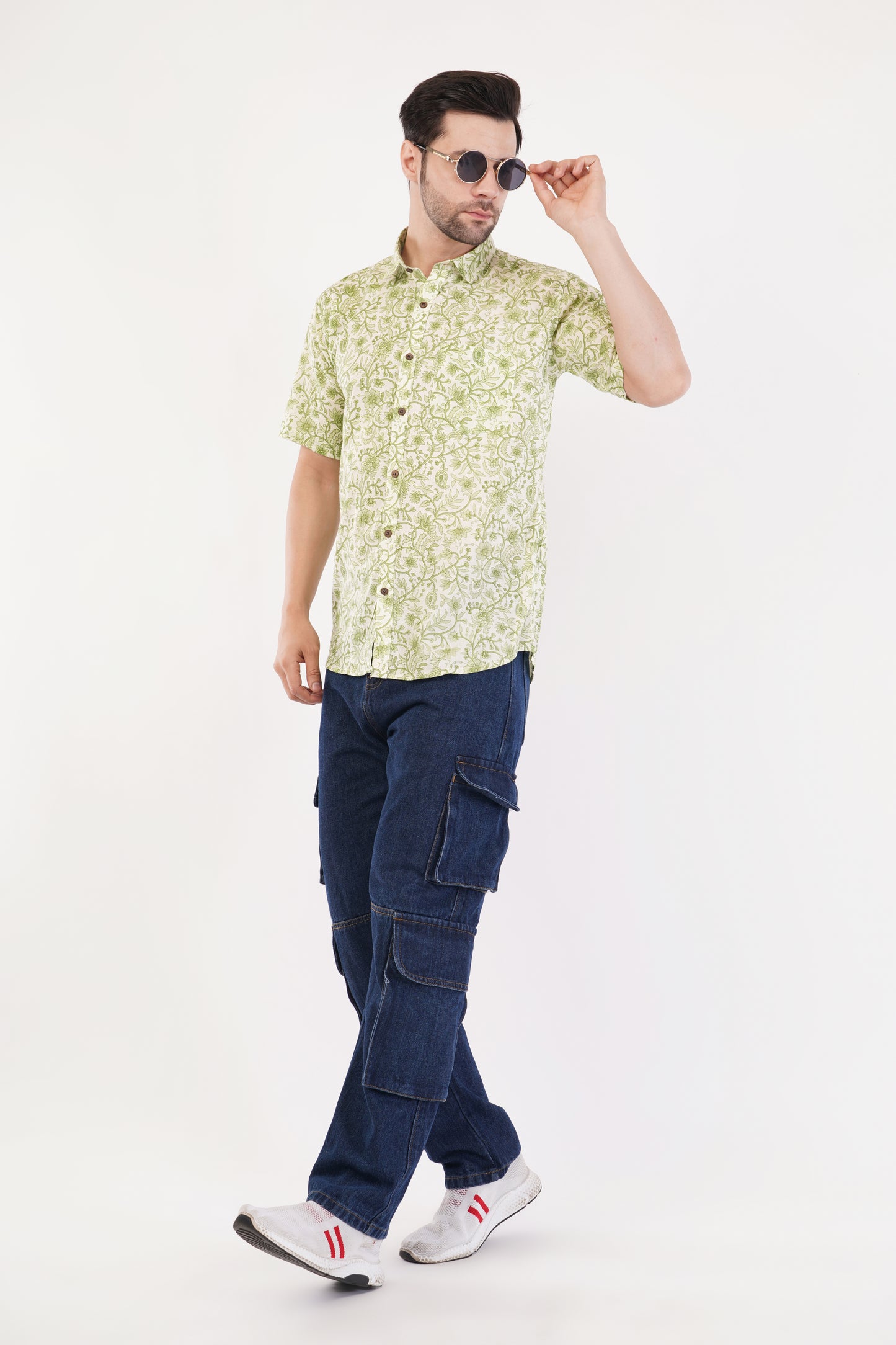 Unisex Green Small Floral Pattern Sanganeri Shirt