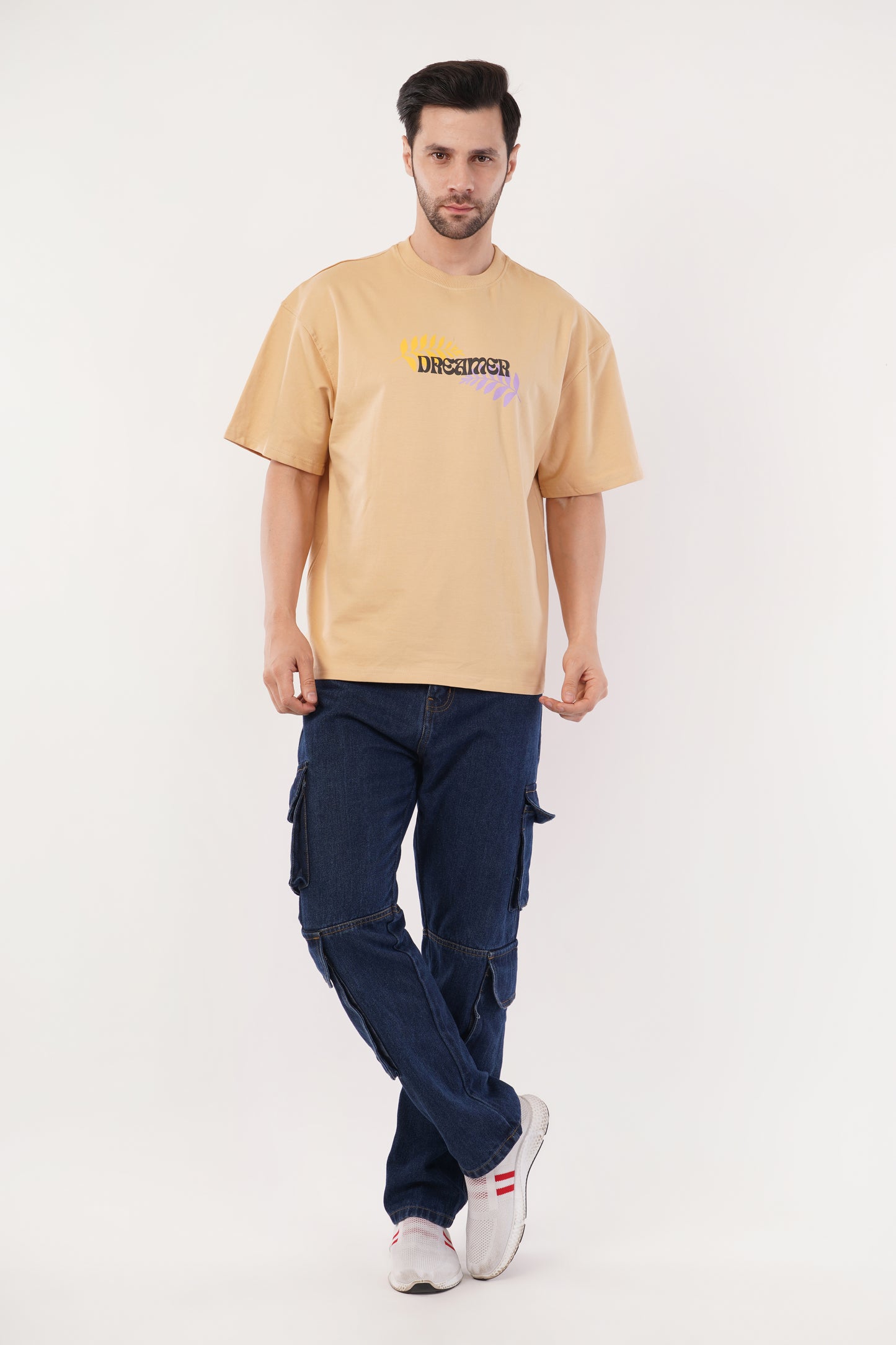 Unisex Puff Print "Dreamer" Beige Oversized T-Shirt