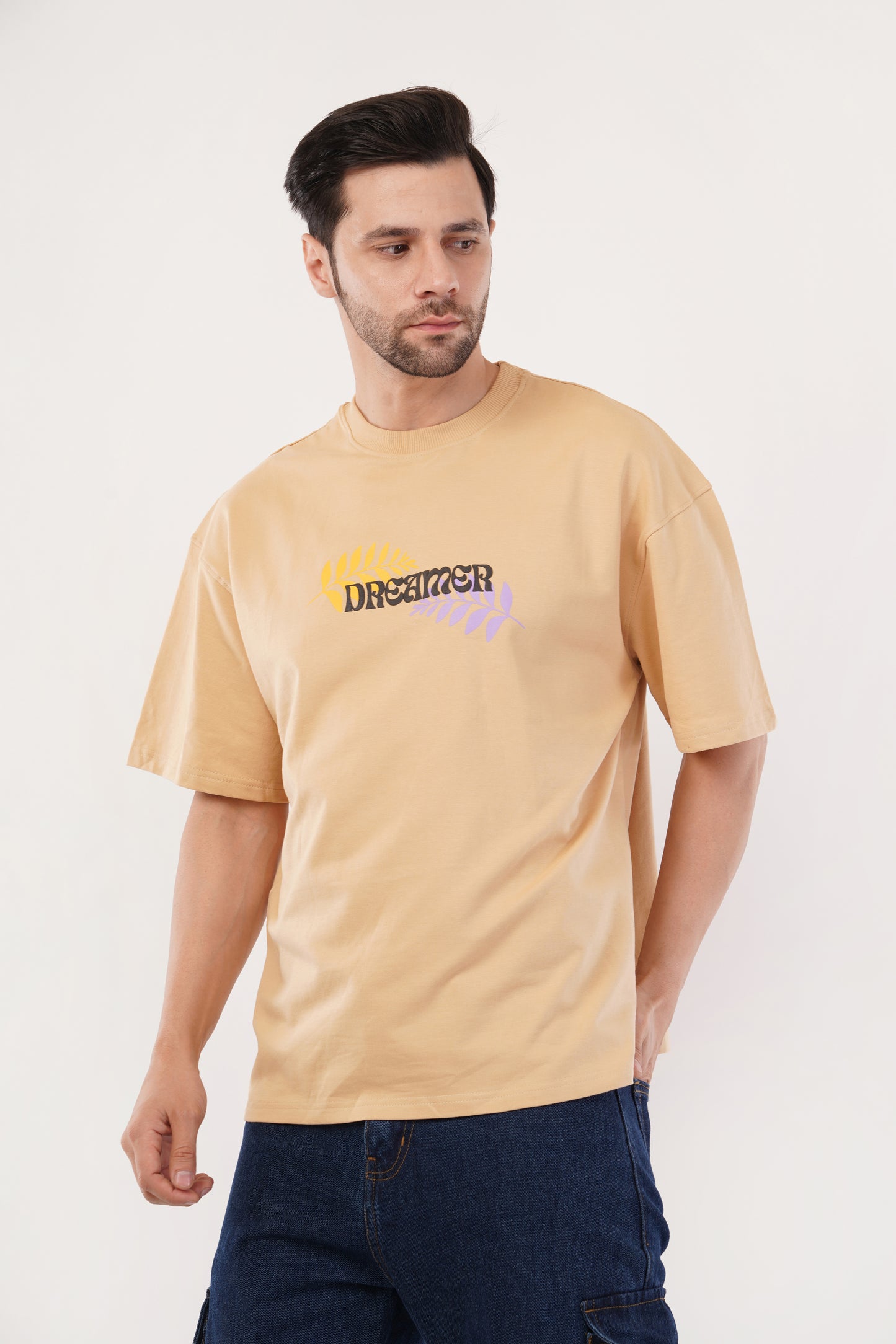 Unisex Puff Print "Dreamer" Beige Oversized T-Shirt