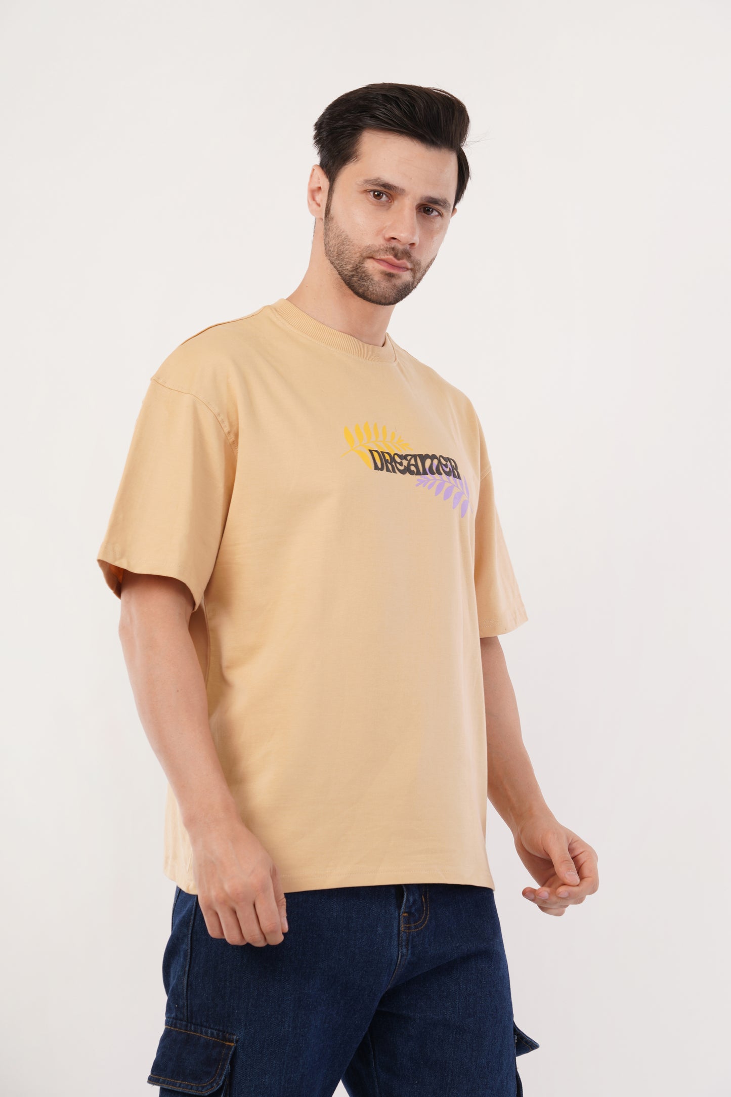 Unisex Puff Print "Dreamer" Beige Oversized T-Shirt