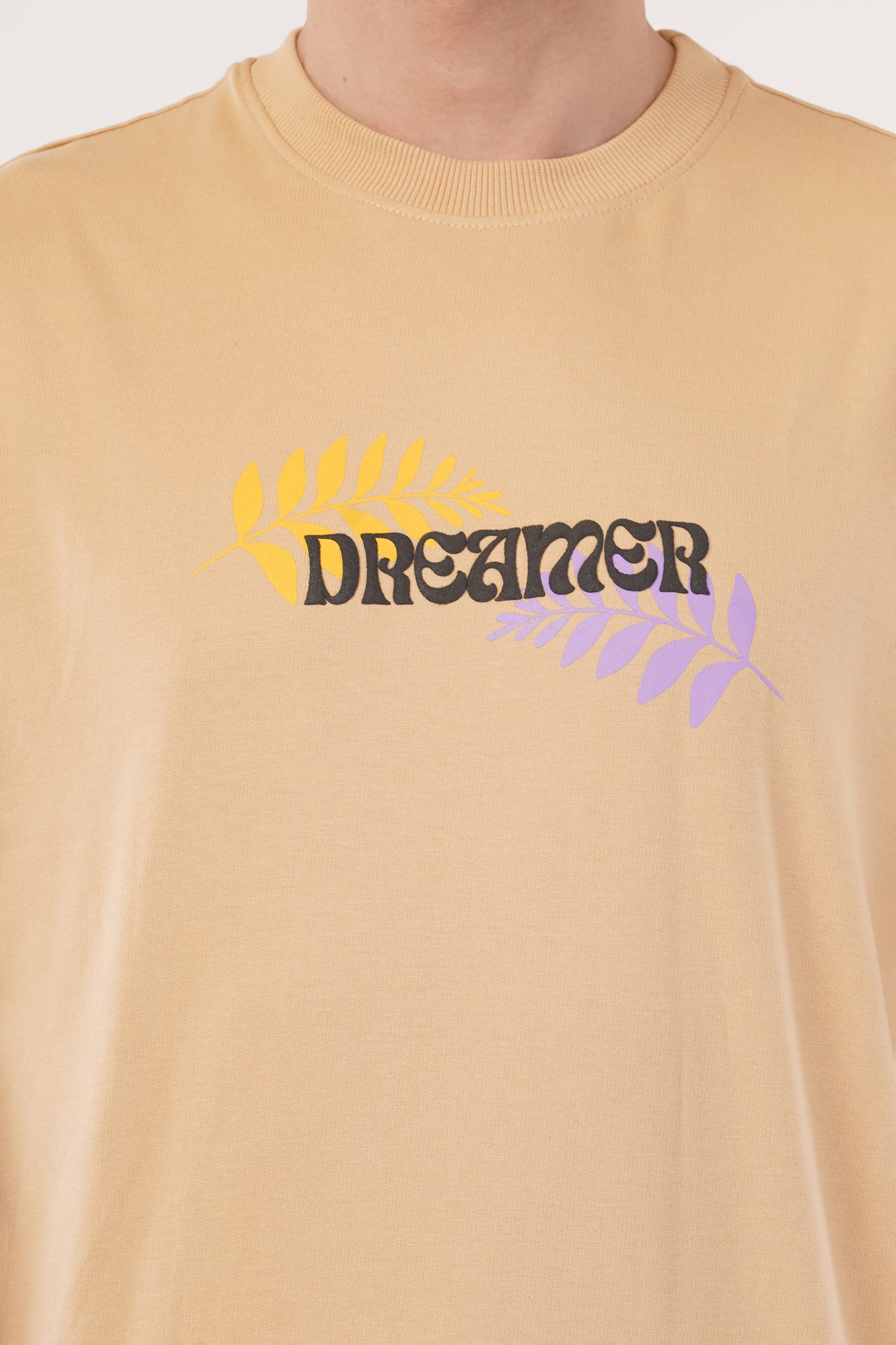 Unisex Puff Print "Dreamer" Beige Oversized T-Shirt