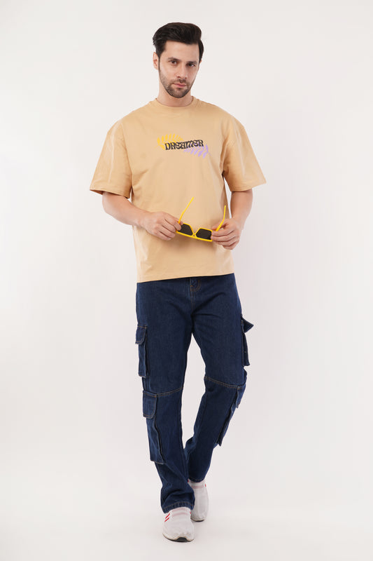 Unisex Puff Print "Dreamer" Beige Oversized T-Shirt
