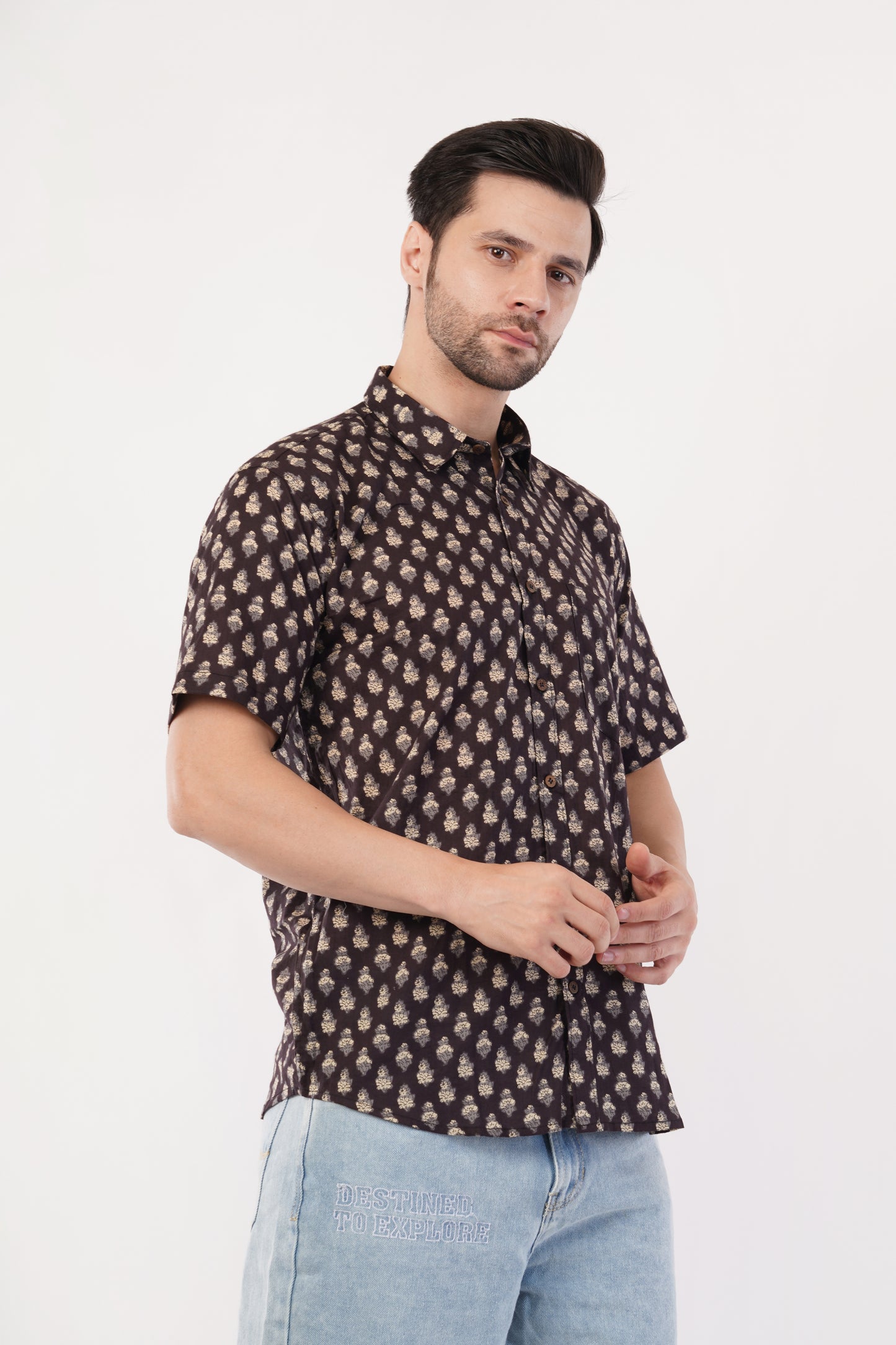 Unisex Brown Small Pattern Sanganeri Shirt
