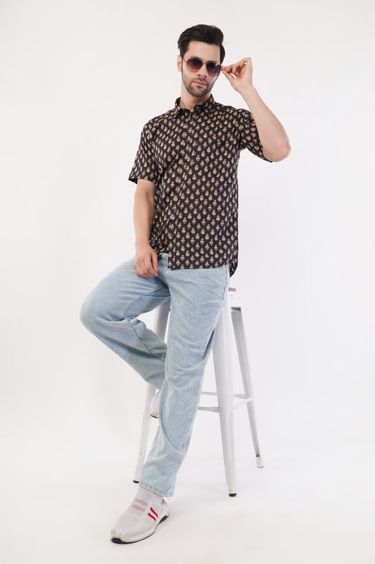 Unisex Brown Small Pattern Sanganeri Shirt