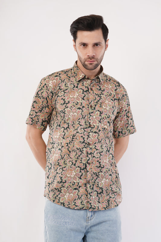 Unisex Dark Green Small Floral Pattern Sanganeri Shirt