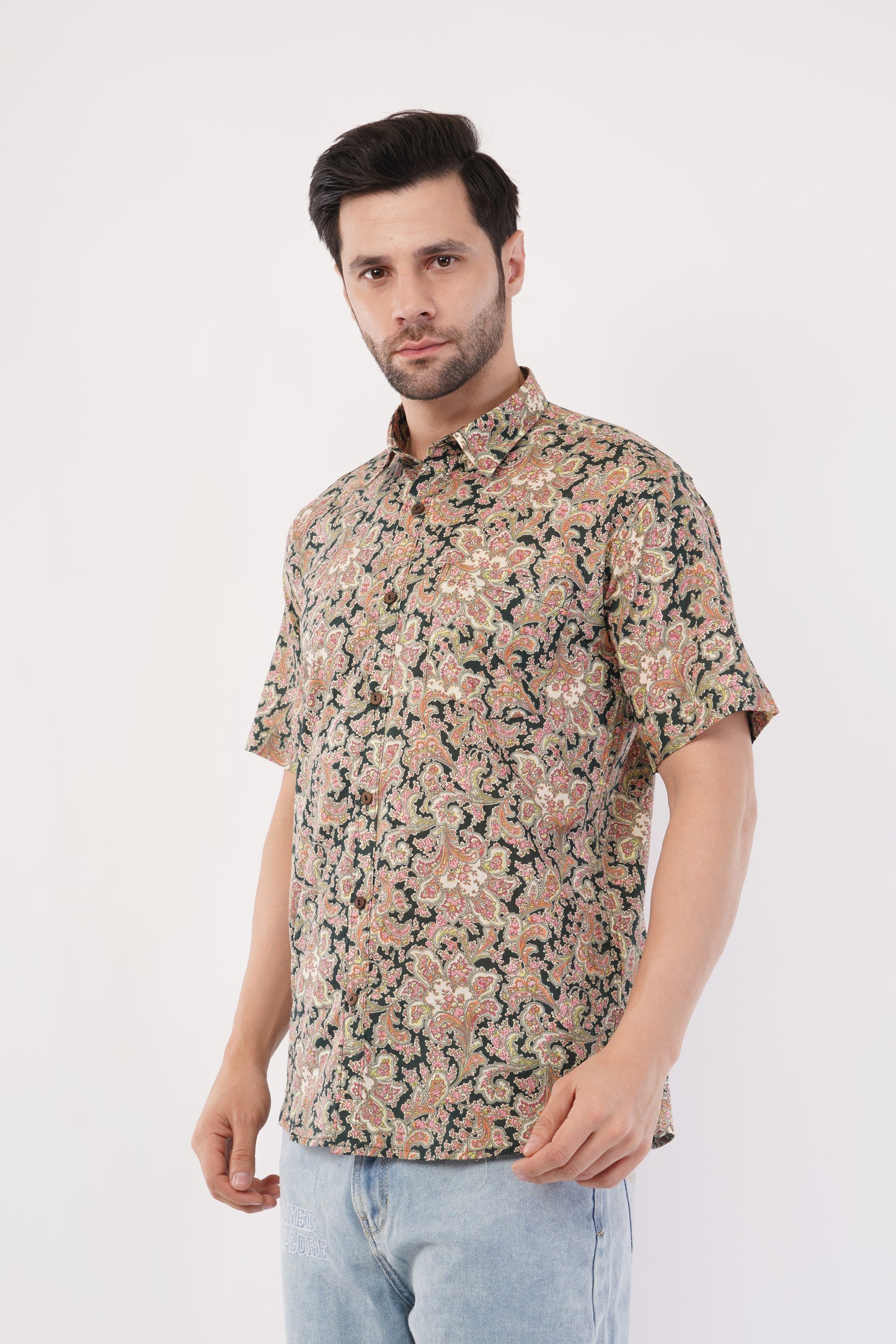 Unisex Dark Green Small Floral Pattern Sanganeri Shirt