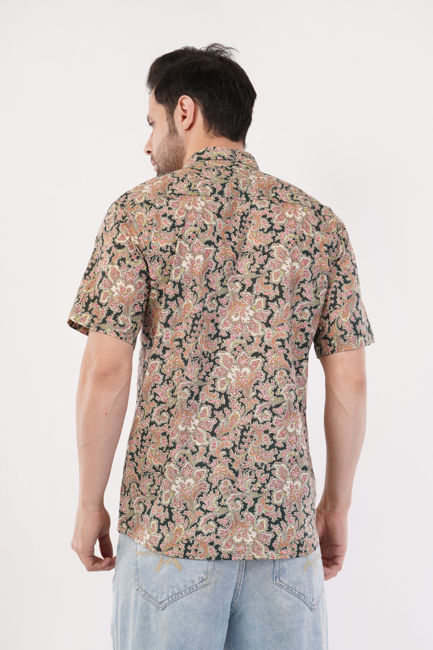 Unisex Dark Green Small Floral Pattern Sanganeri Shirt