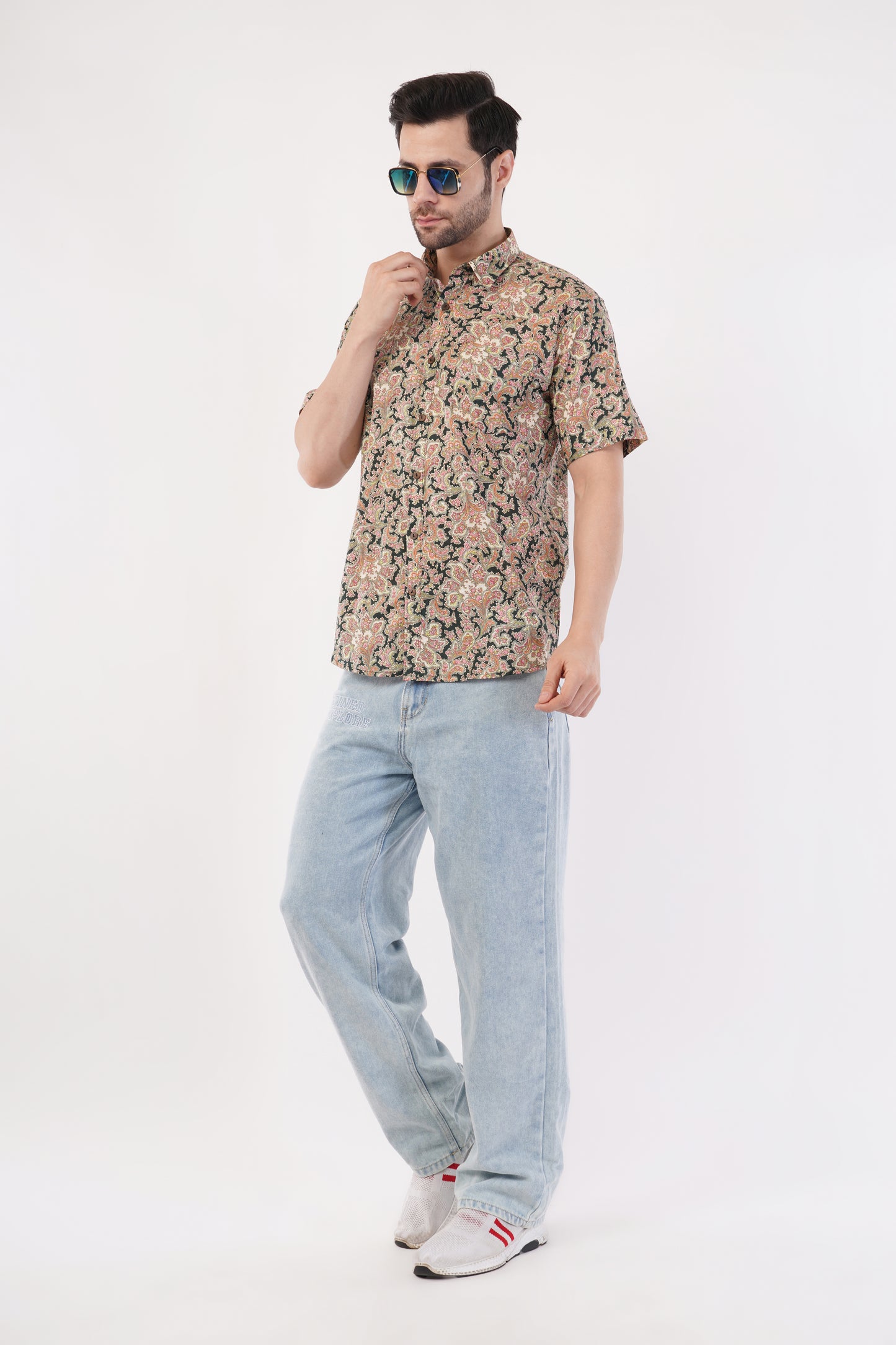 Unisex Dark Green Small Floral Pattern Sanganeri Shirt