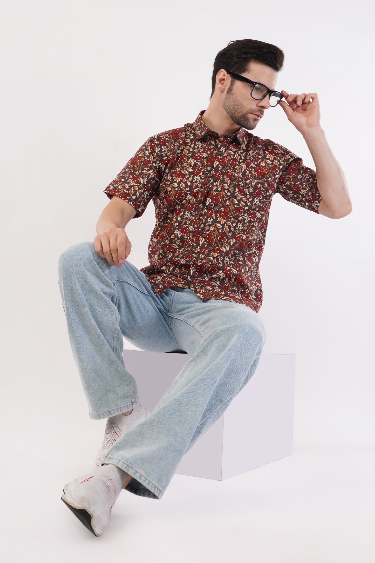 Unisex Brown Small Floral Pattern Sanganeri Shirt